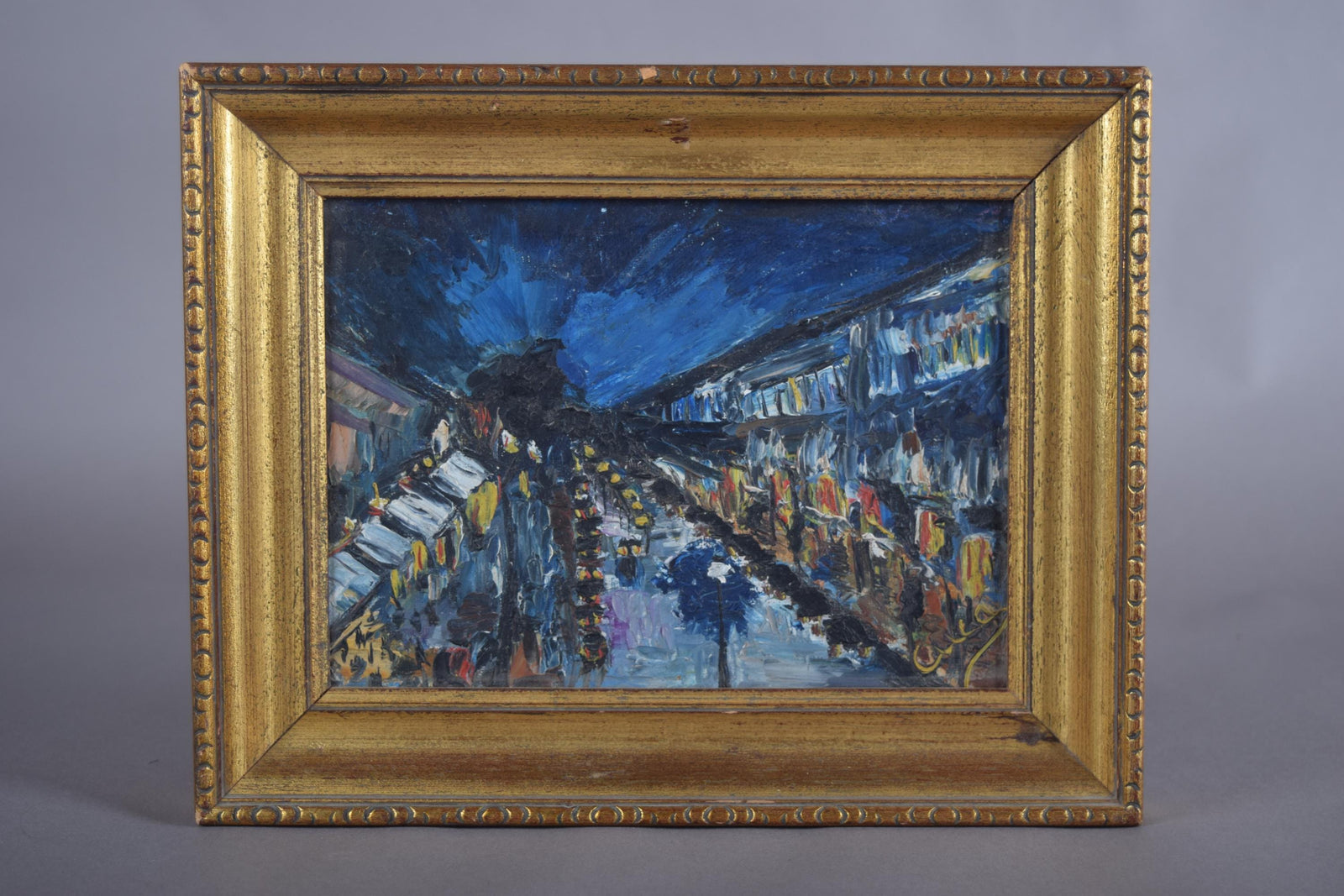 Impressionist Night Street Scene, Oil on Panel, Signed Cuca, Gilt Frame, 1950s
