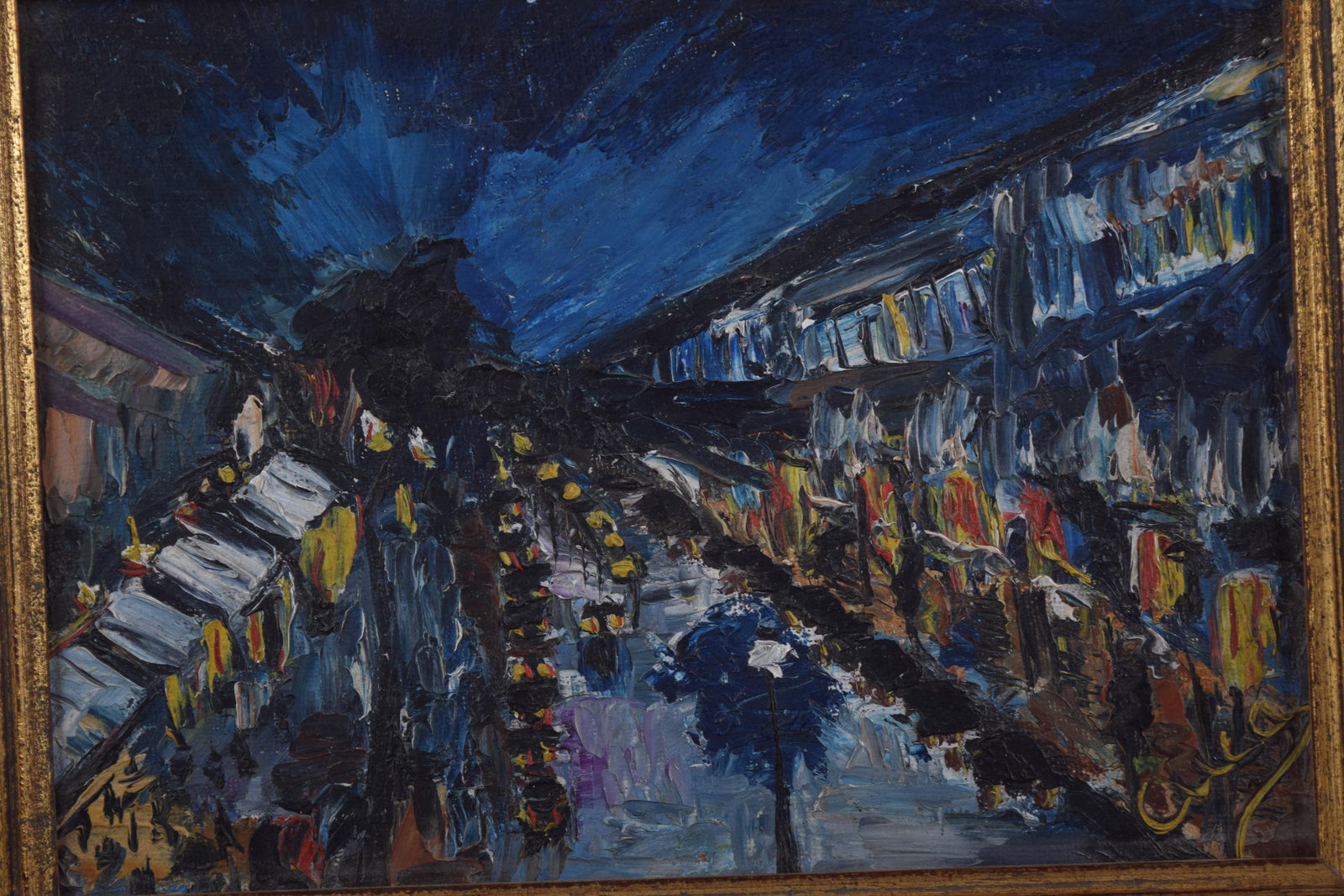 Impressionist Night Street Scene, Oil on Panel, Signed Cuca, Gilt Frame, 1950s