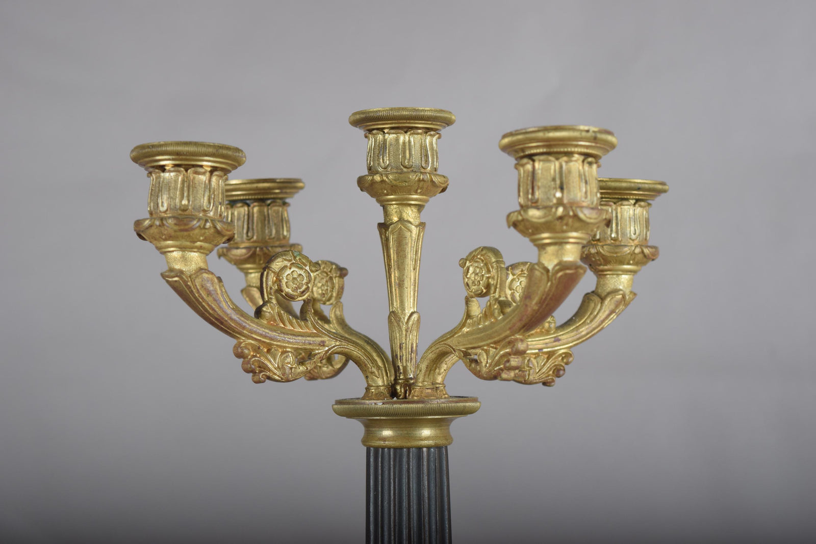 Antique Gilt Bronze Candelabra, Fluted Column with Figural Arms — French, 19th Century
