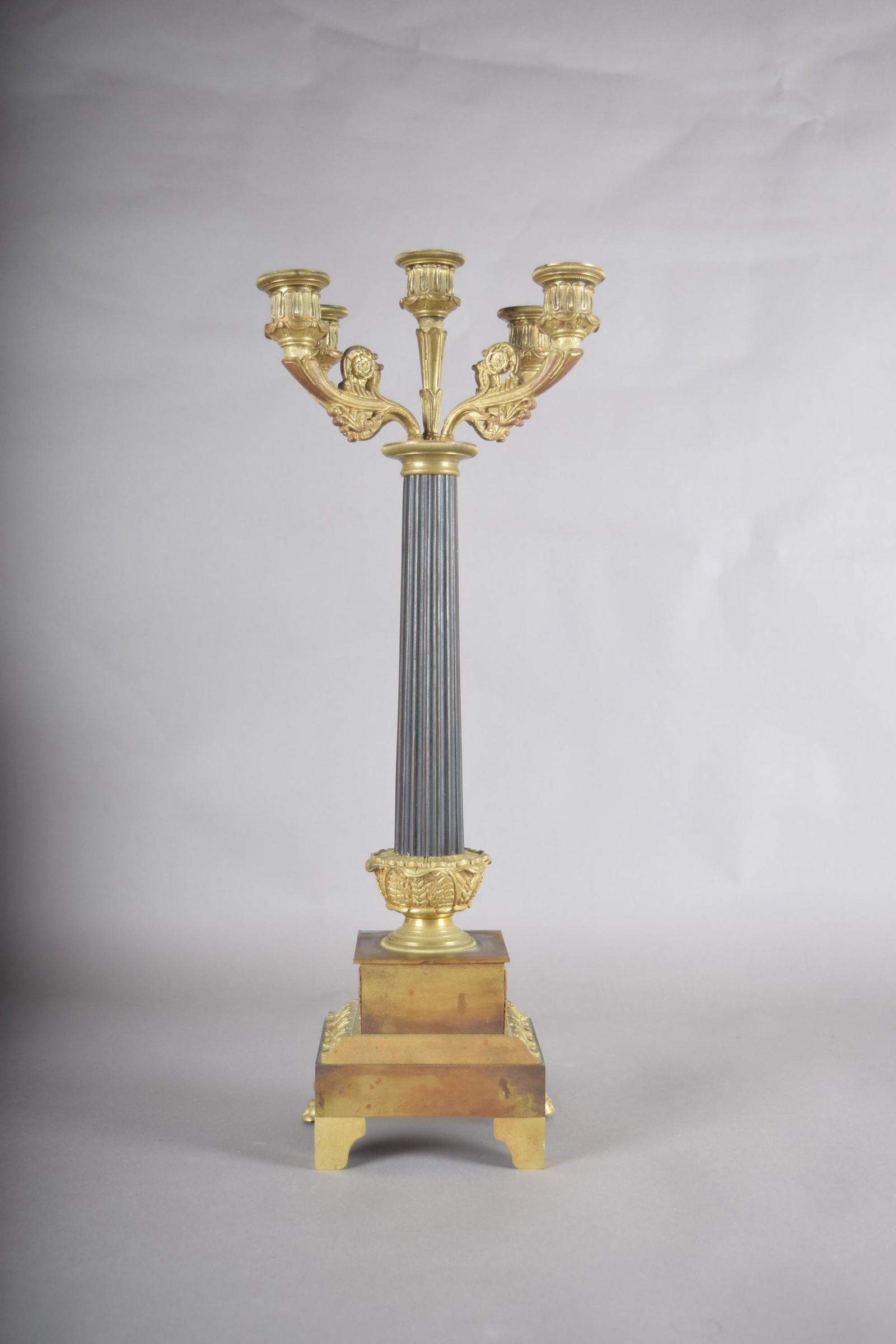 Antique Gilt Bronze Candelabra, Fluted Column with Figural Arms — French, 19th Century