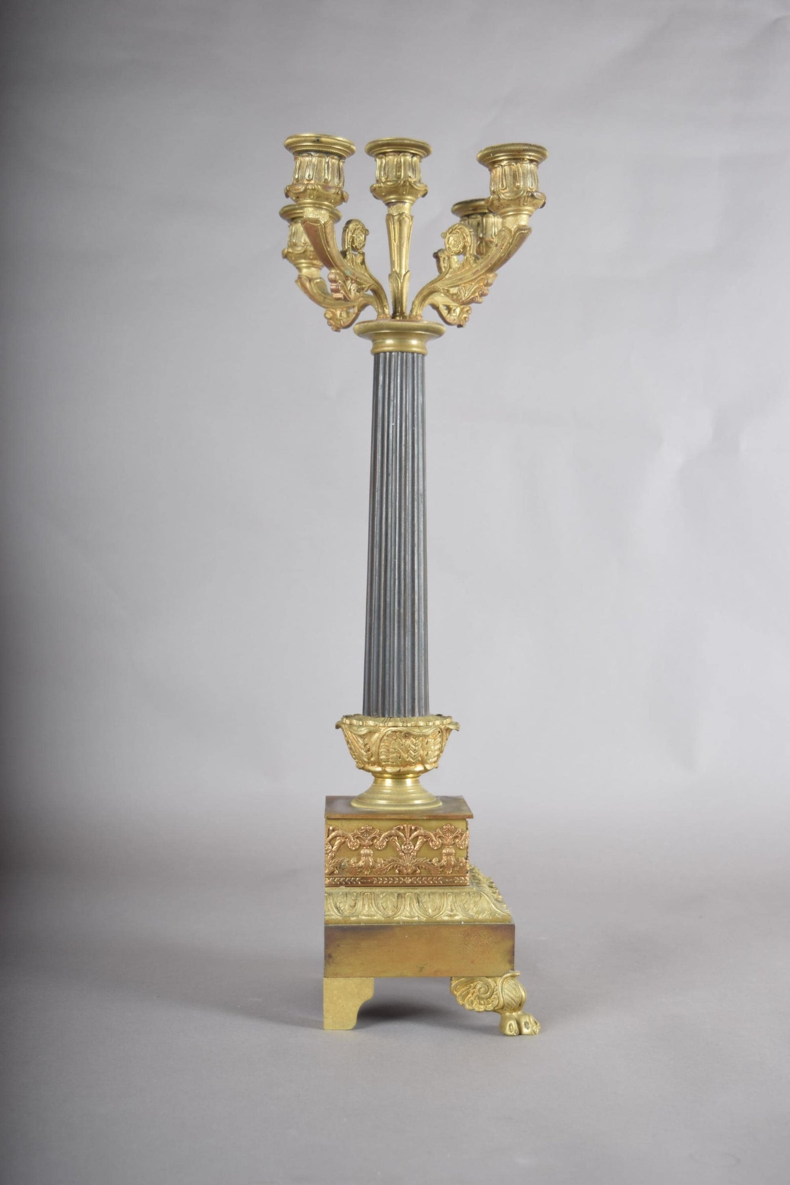 Antique Gilt Bronze Candelabra, Fluted Column with Figural Arms — French, 19th Century