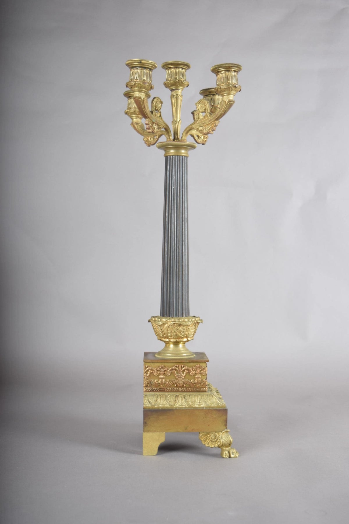 Antique Gilt Bronze Candelabra, Fluted Column with Figural Arms — French, 19th Century