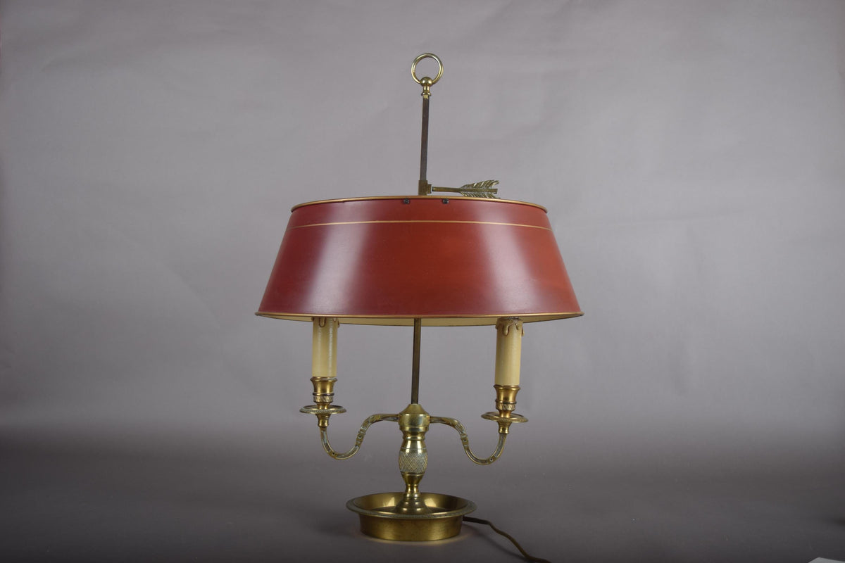 French Bouillotte Lamp, Brass Two-Light Base with Red Tôle Shade, 1930s