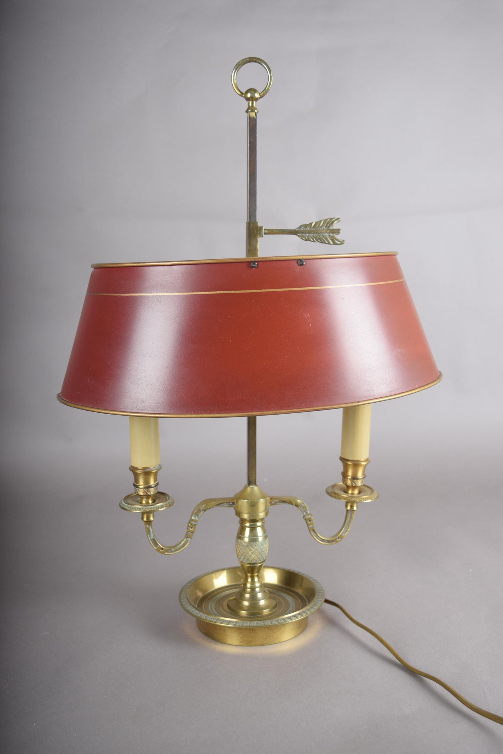 French Bouillotte Lamp, Brass Two-Light Base with Red Tôle Shade, 1930s