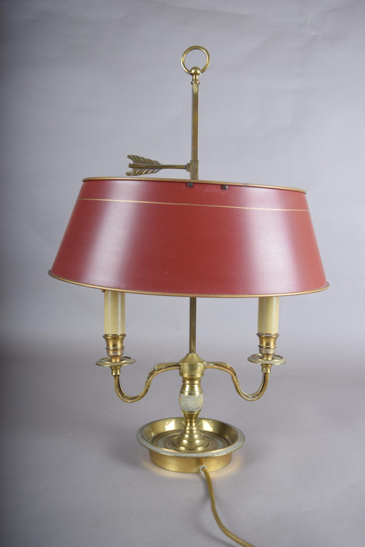 French Bouillotte Lamp, Brass Two-Light Base with Red Tôle Shade, 1930s