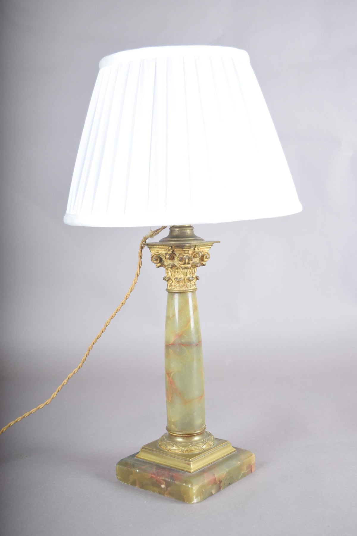 Antique Onyx Column Lamp, Fire-Gilt Chased Bronze Corinthian Capital — French, 19th Century