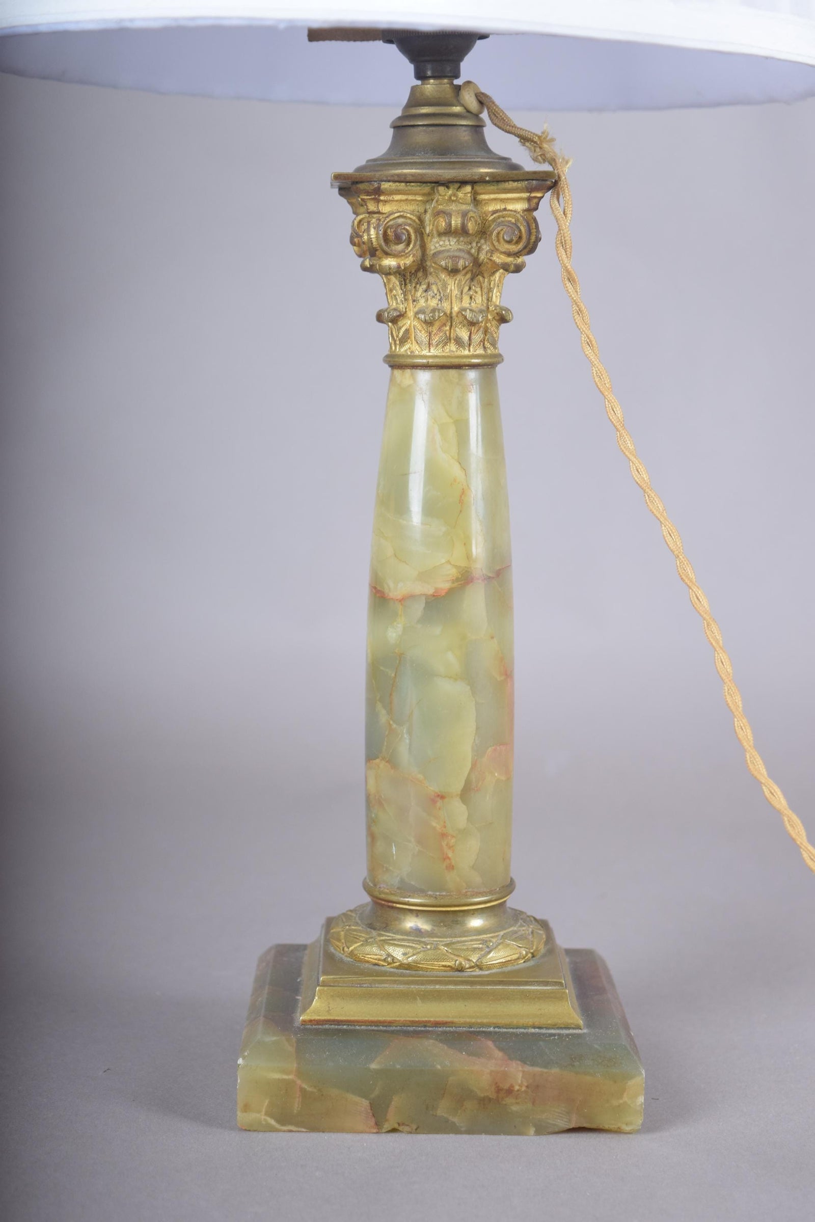 Antique Onyx Column Lamp, Fire-Gilt Chased Bronze Corinthian Capital — French, 19th Century