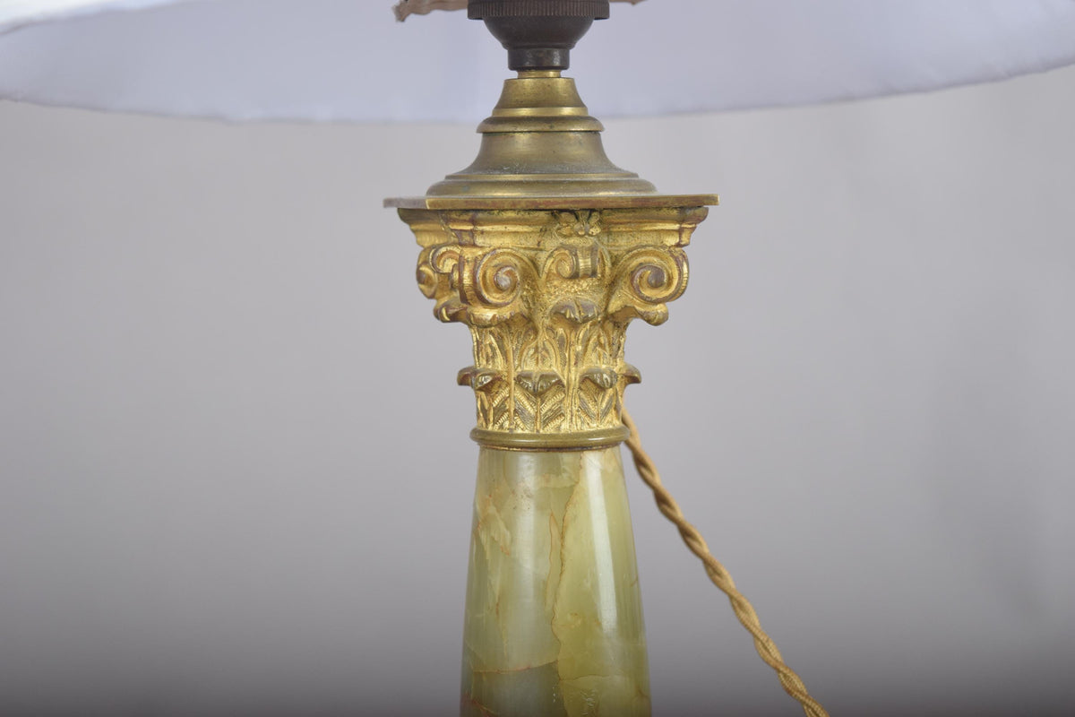 Antique Onyx Column Lamp, Fire-Gilt Chased Bronze Corinthian Capital — French, 19th Century