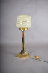 Josef Hoffmann Style Table Lamp, Brass Base with Ribbed Opaline Glass Shade, Wiener Werkstätte Inspired