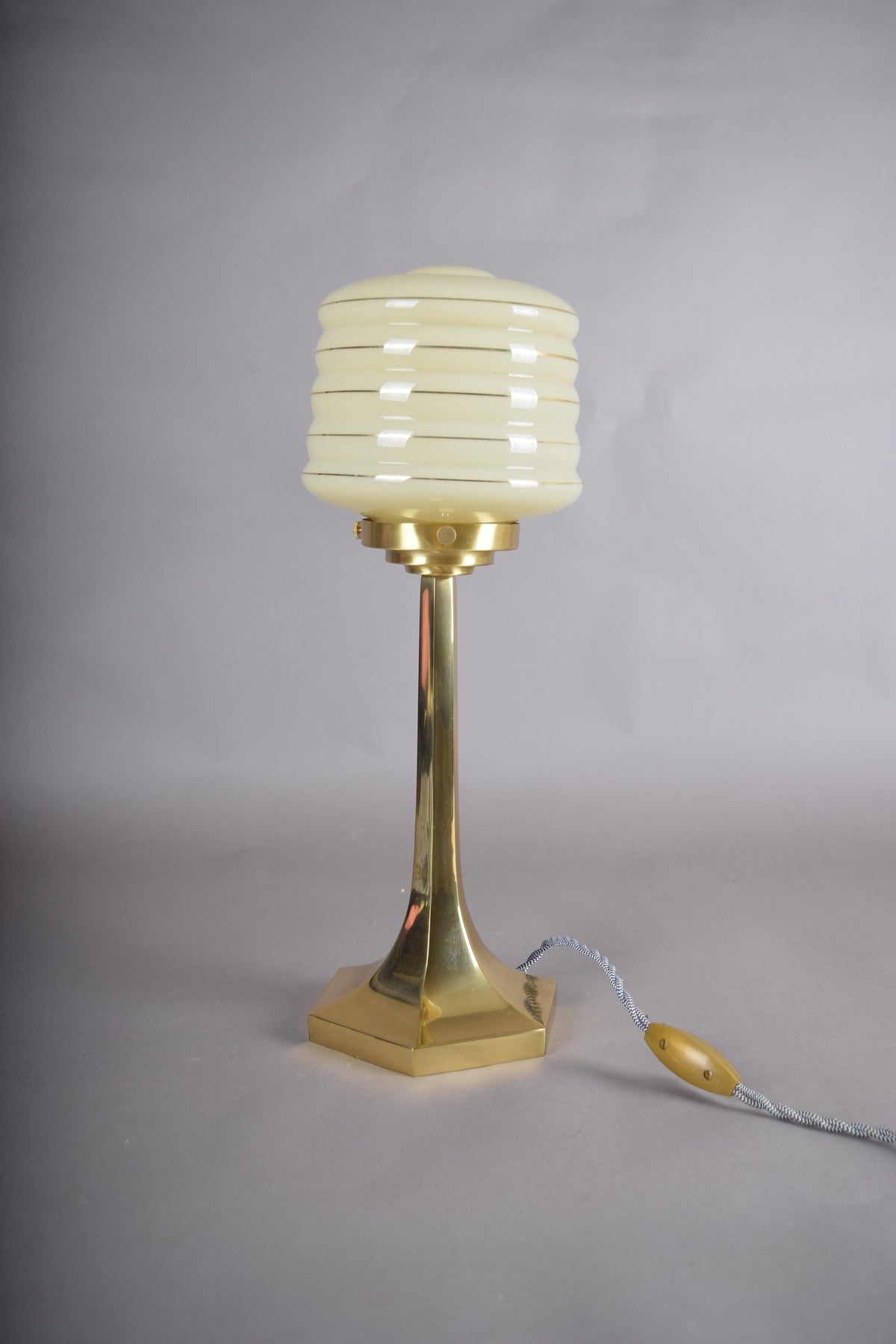 Josef Hoffmann Style Table Lamp, Brass Base with Ribbed Opaline Glass Shade, Wiener Werkstätte Inspired