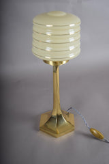 Josef Hoffmann Style Table Lamp, Brass Base with Ribbed Opaline Glass Shade, Wiener Werkstätte Inspired