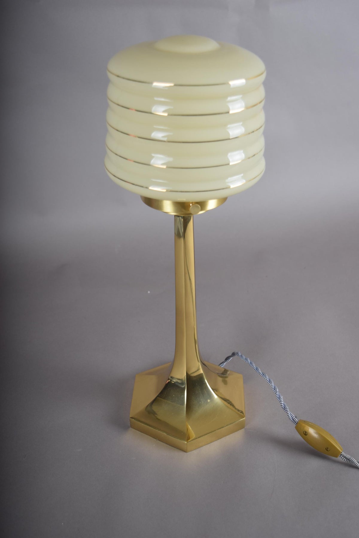Josef Hoffmann Style Table Lamp, Brass Base with Ribbed Opaline Glass Shade, Wiener Werkstätte Inspired