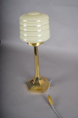 Josef Hoffmann Style Table Lamp, Brass Base with Ribbed Opaline Glass Shade, Wiener Werkstätte Inspired