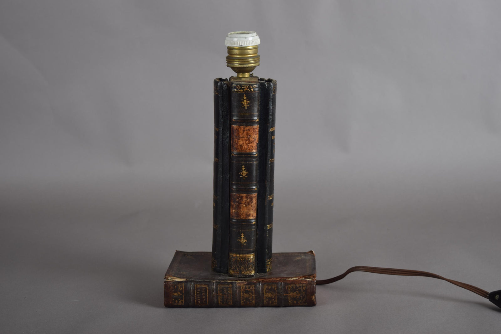 Antique Leather Book Stack Table Lamp — Gilt-Tooled Bindings, Library Accent