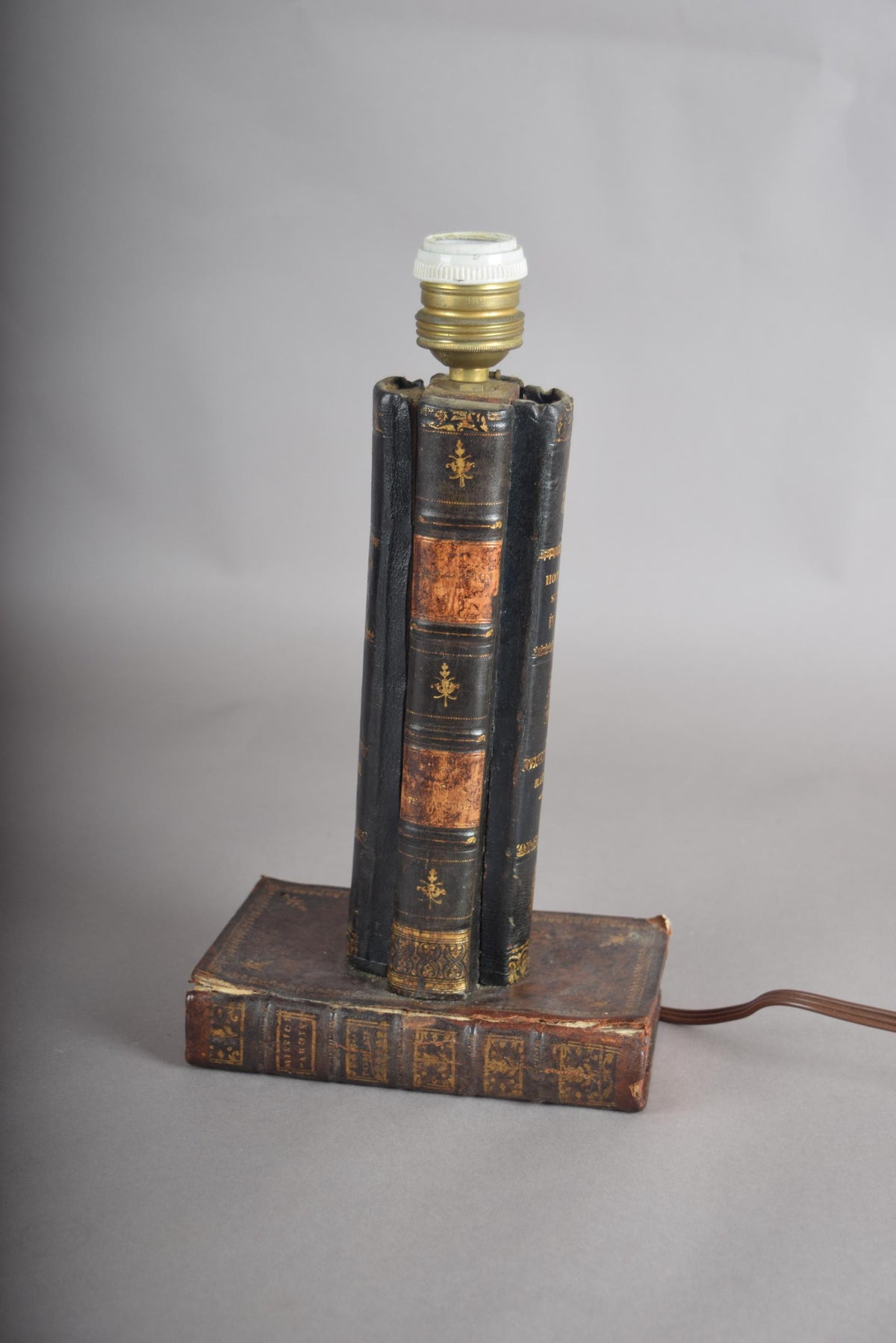 Antique Leather Book Stack Table Lamp — Gilt-Tooled Bindings, Library Accent