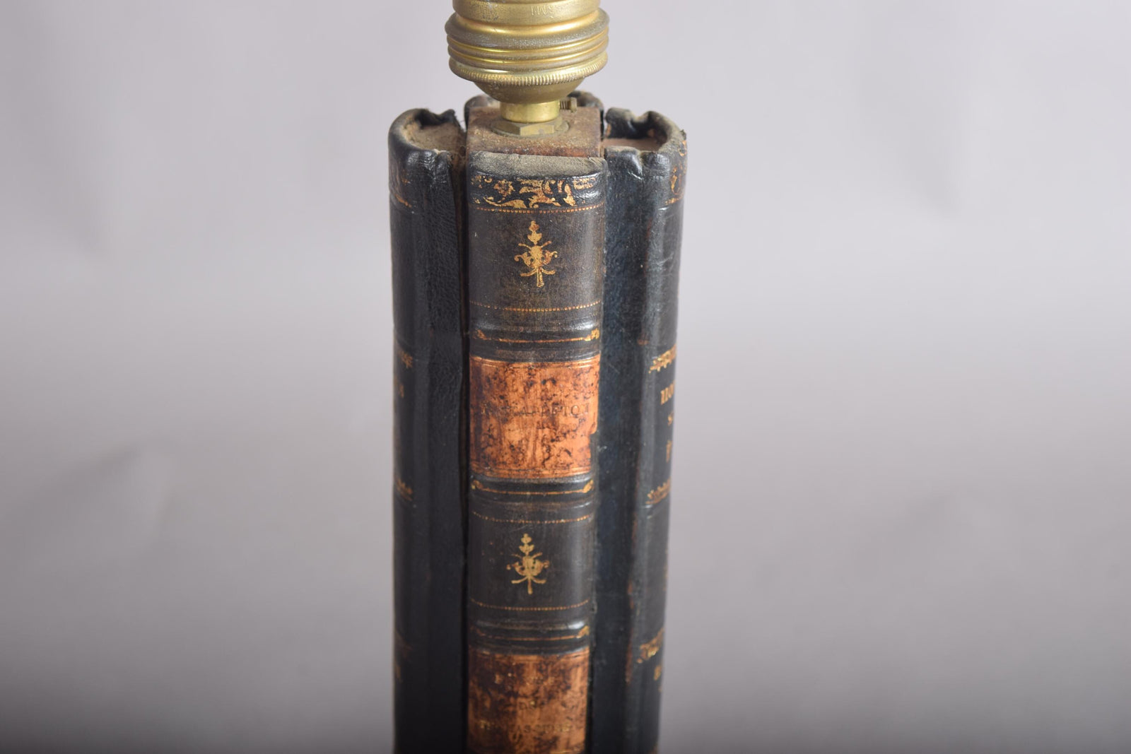 Antique Leather Book Stack Table Lamp — Gilt-Tooled Bindings, Library Accent