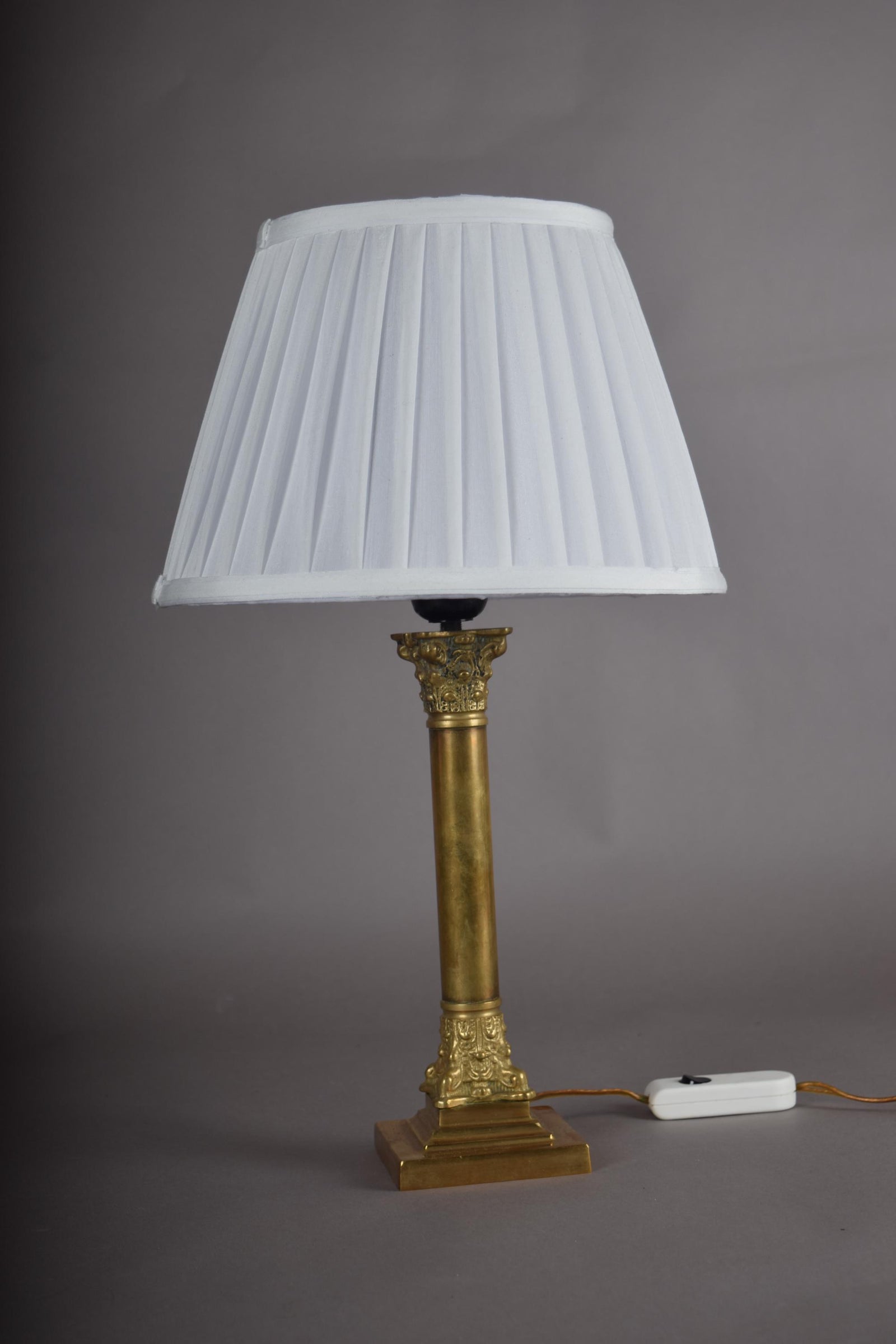 Vintage Brass Column Table Lamp, Ornate Capital and Base — 1950s