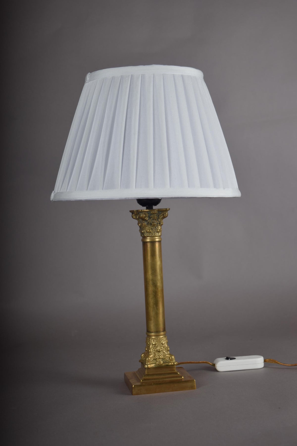 Vintage Brass Column Table Lamp, Ornate Capital and Base — 1950s