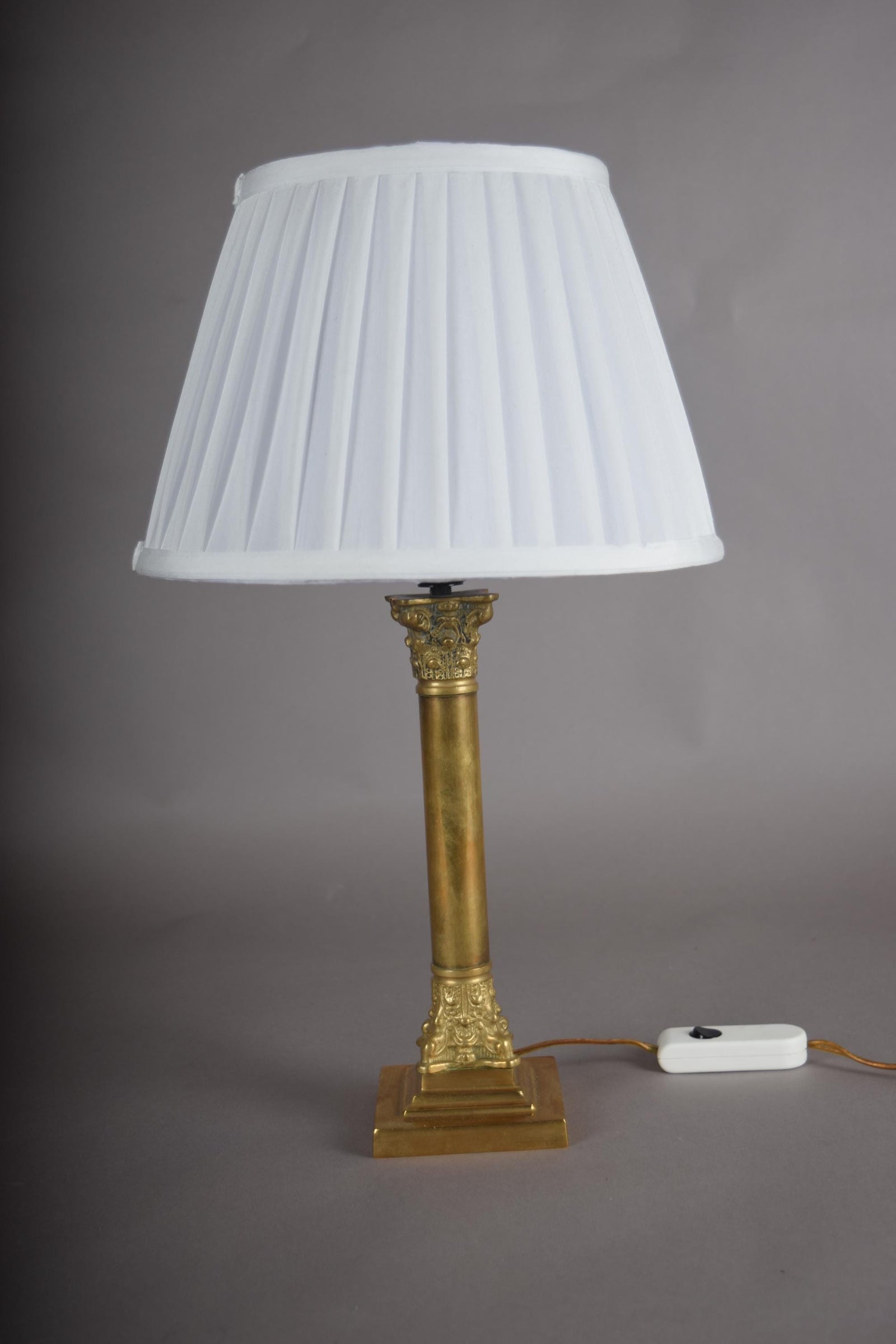Vintage Brass Column Table Lamp, Ornate Capital and Base — 1950s