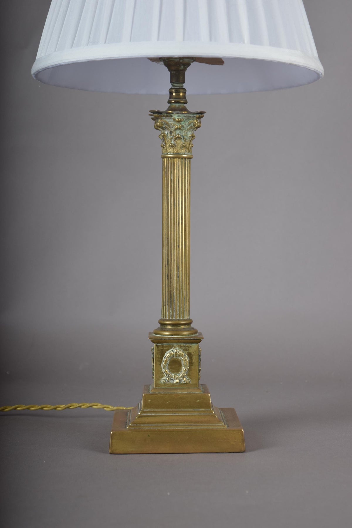 Vintage Brass Column Table Lamp, Fluted Neoclassical Style, Laurel Wreath Base, 1930s