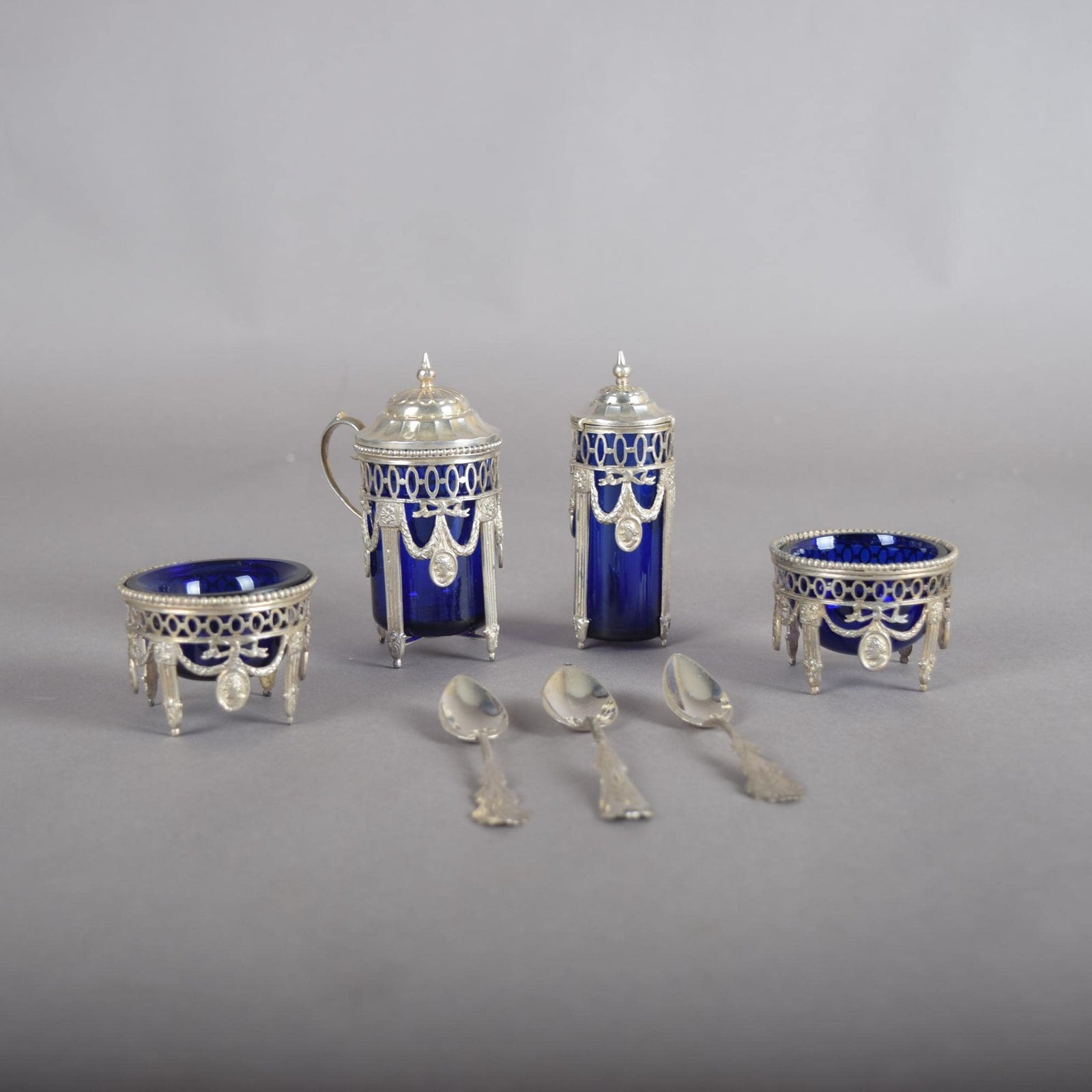 Antique Silver-Mounted Cobalt Glass Condiment Set, Louis XVI Style — French, Circa 1900, 7 Pieces
