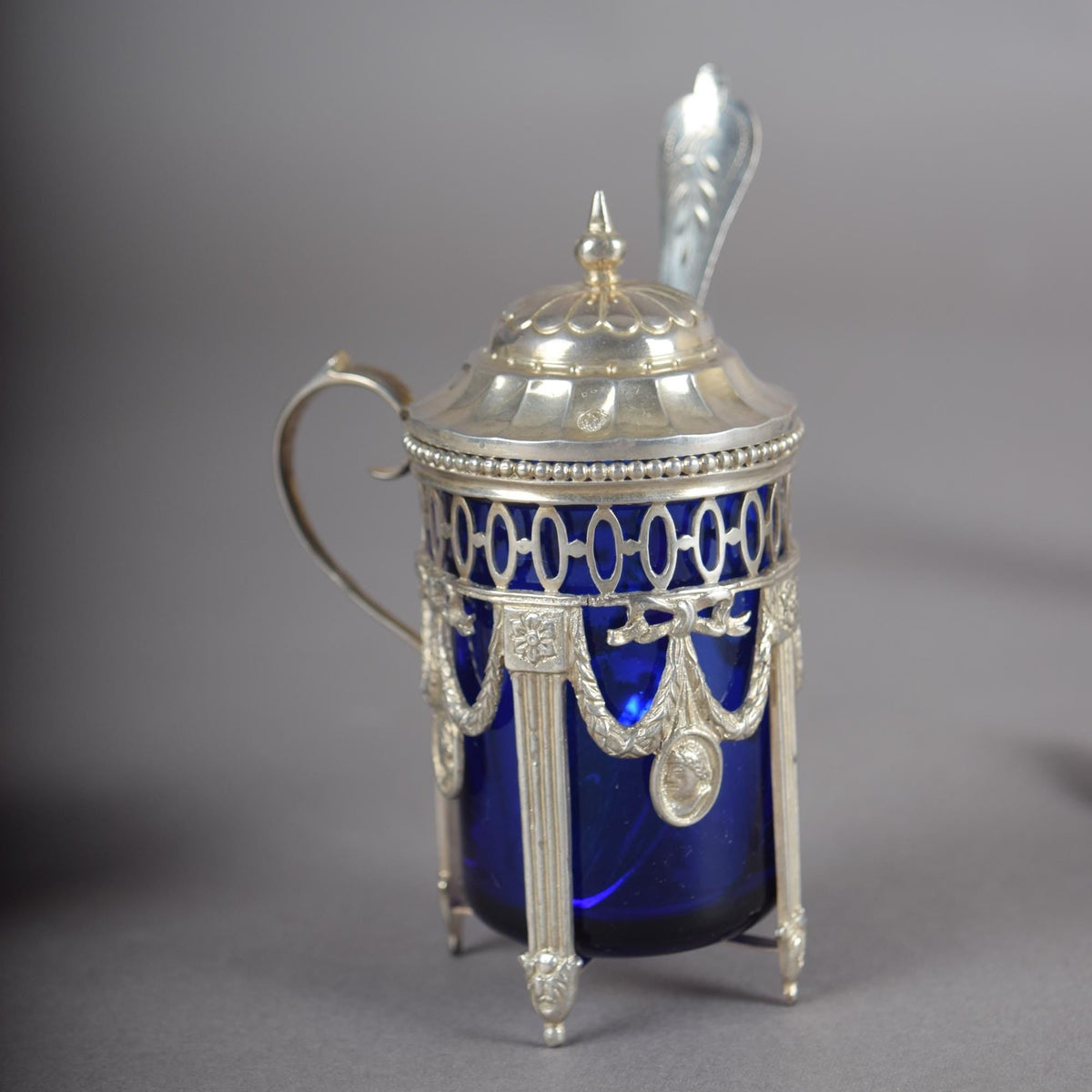 Antique Silver-Mounted Cobalt Glass Condiment Set, Louis XVI Style — French, Circa 1900, 7 Pieces