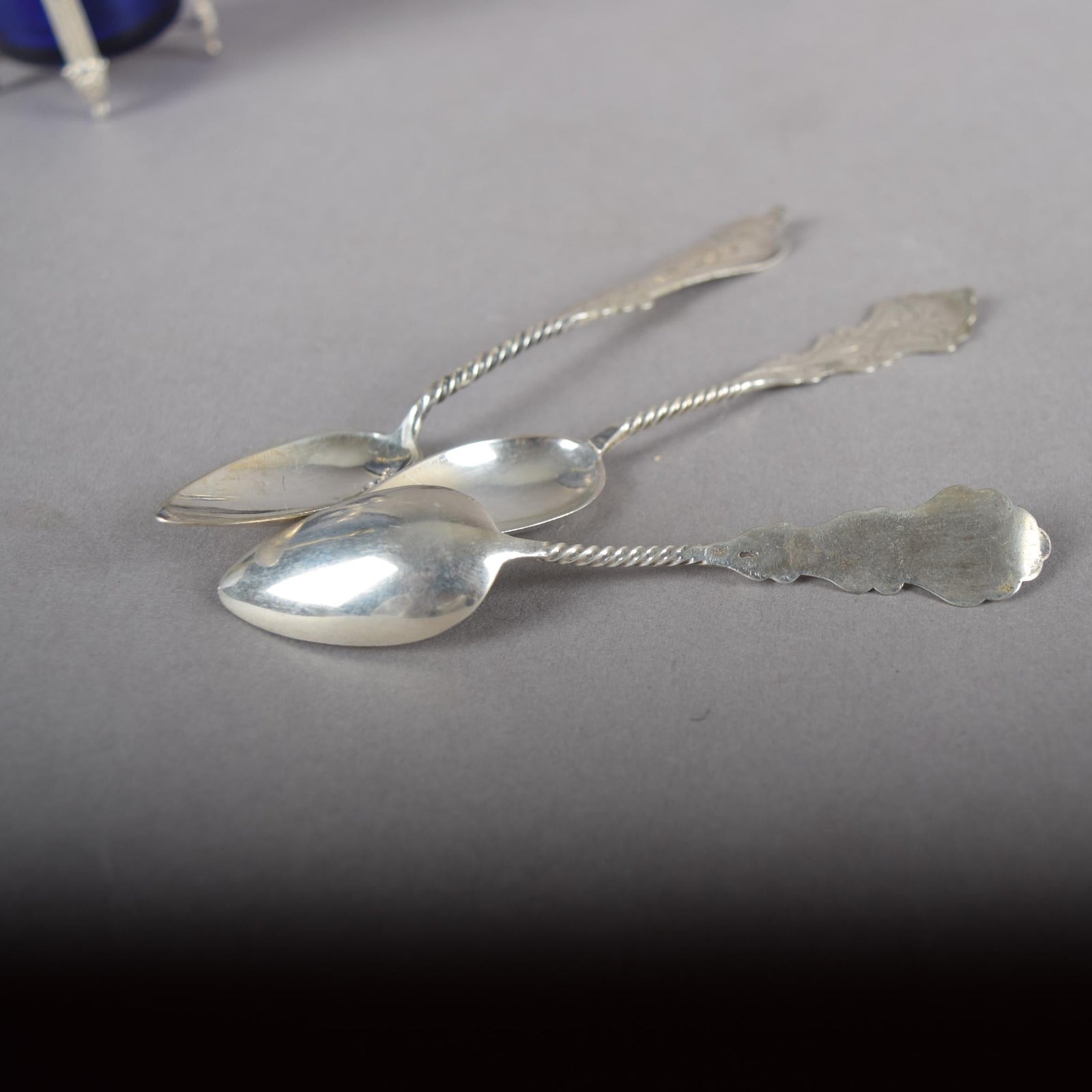 Antique Silver-Mounted Cobalt Glass Condiment Set, Louis XVI Style — French, Circa 1900, 7 Pieces