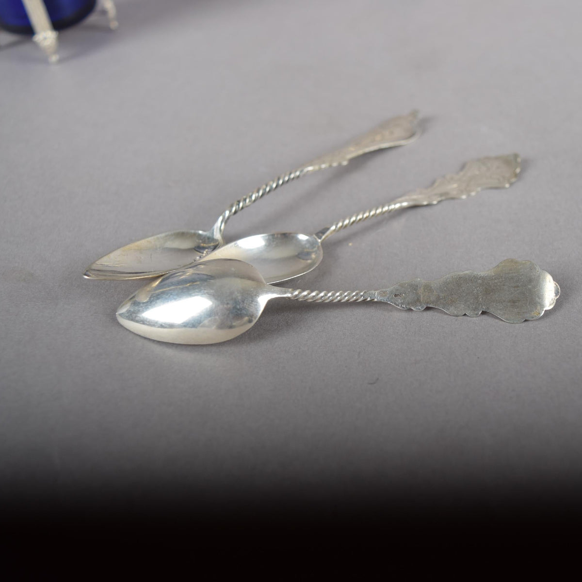 Antique Silver-Mounted Cobalt Glass Condiment Set, Louis XVI Style — French, Circa 1900, 7 Pieces