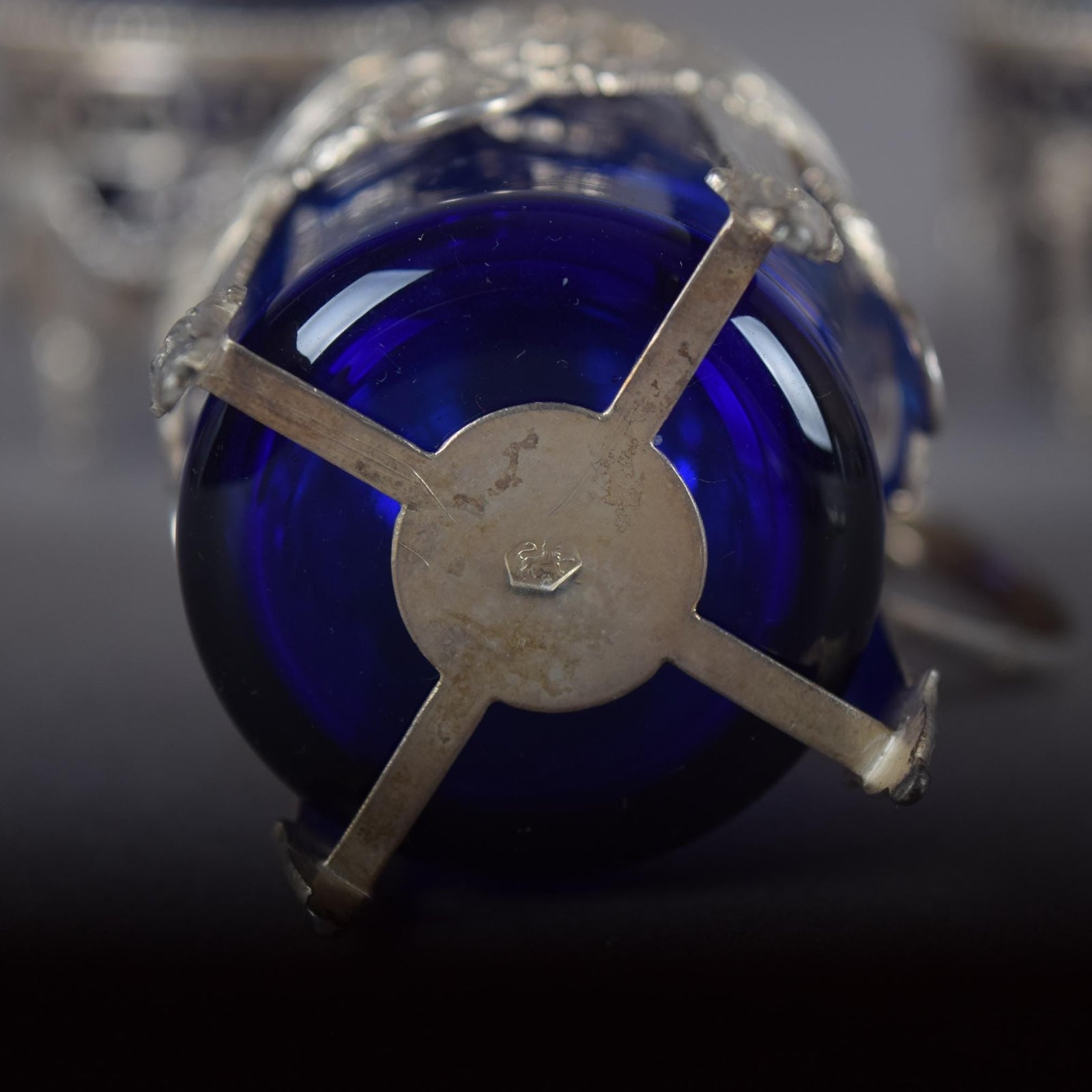 Antique Silver-Mounted Cobalt Glass Condiment Set, Louis XVI Style — French, Circa 1900, 7 Pieces