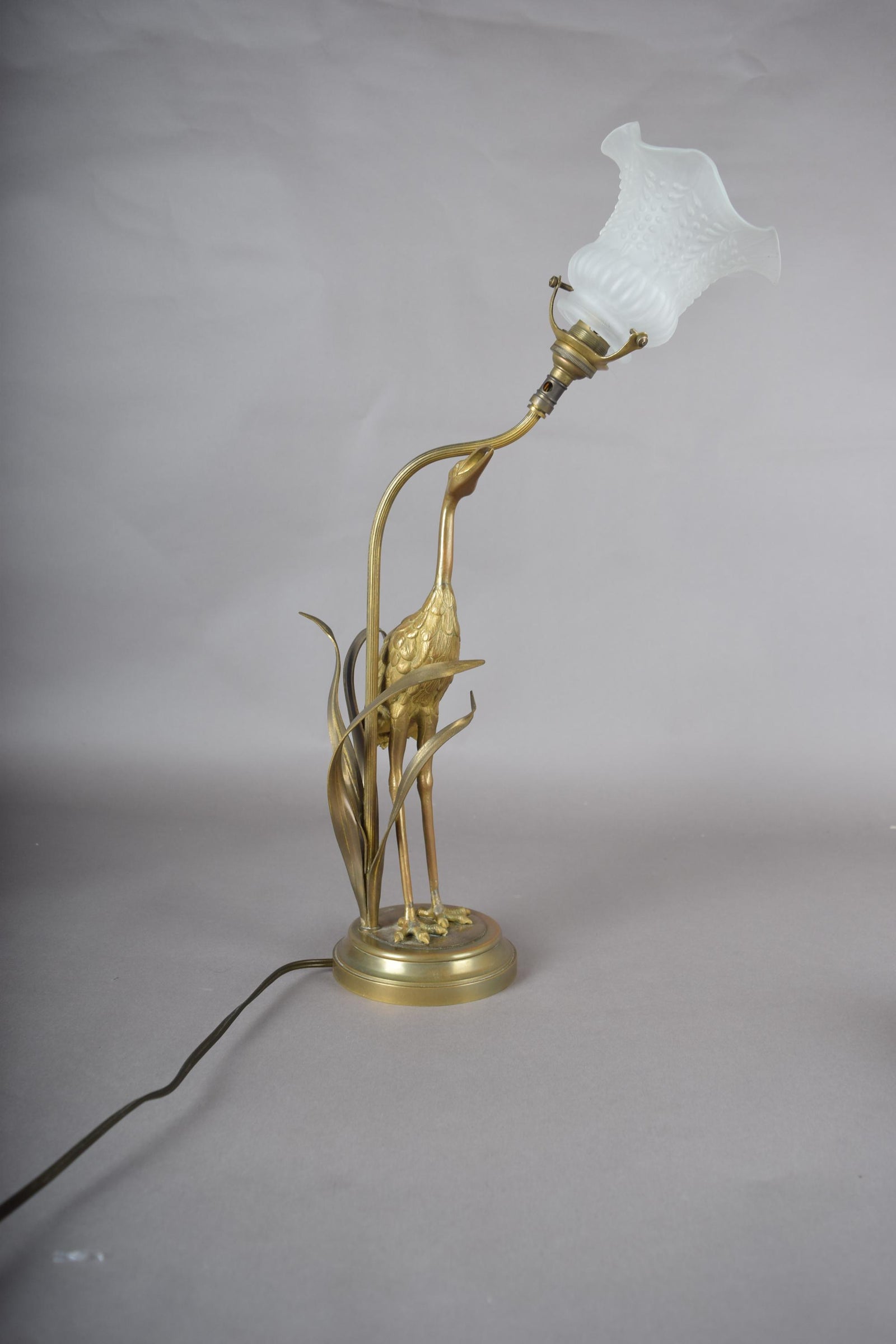 Gilt Crane Table Lamp with Frosted Glass Shade, Hollywood Regency Style
