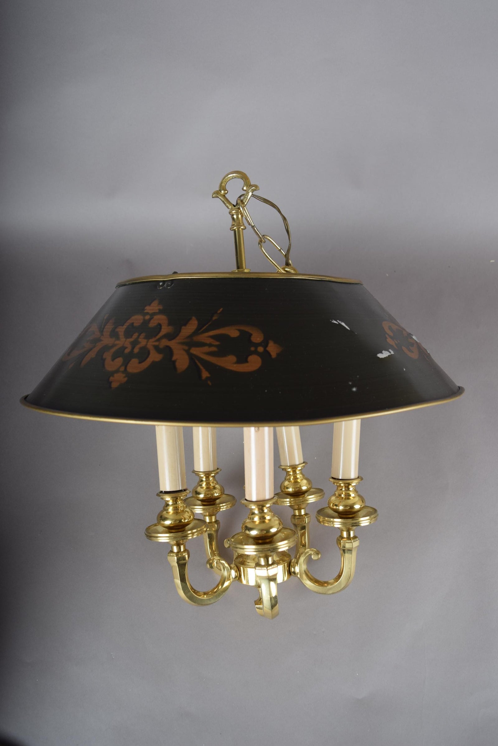 Vintage Brass 5-Light Pendant Chandelier, Bouillotte Style — Painted Tôle Shade, 1980s