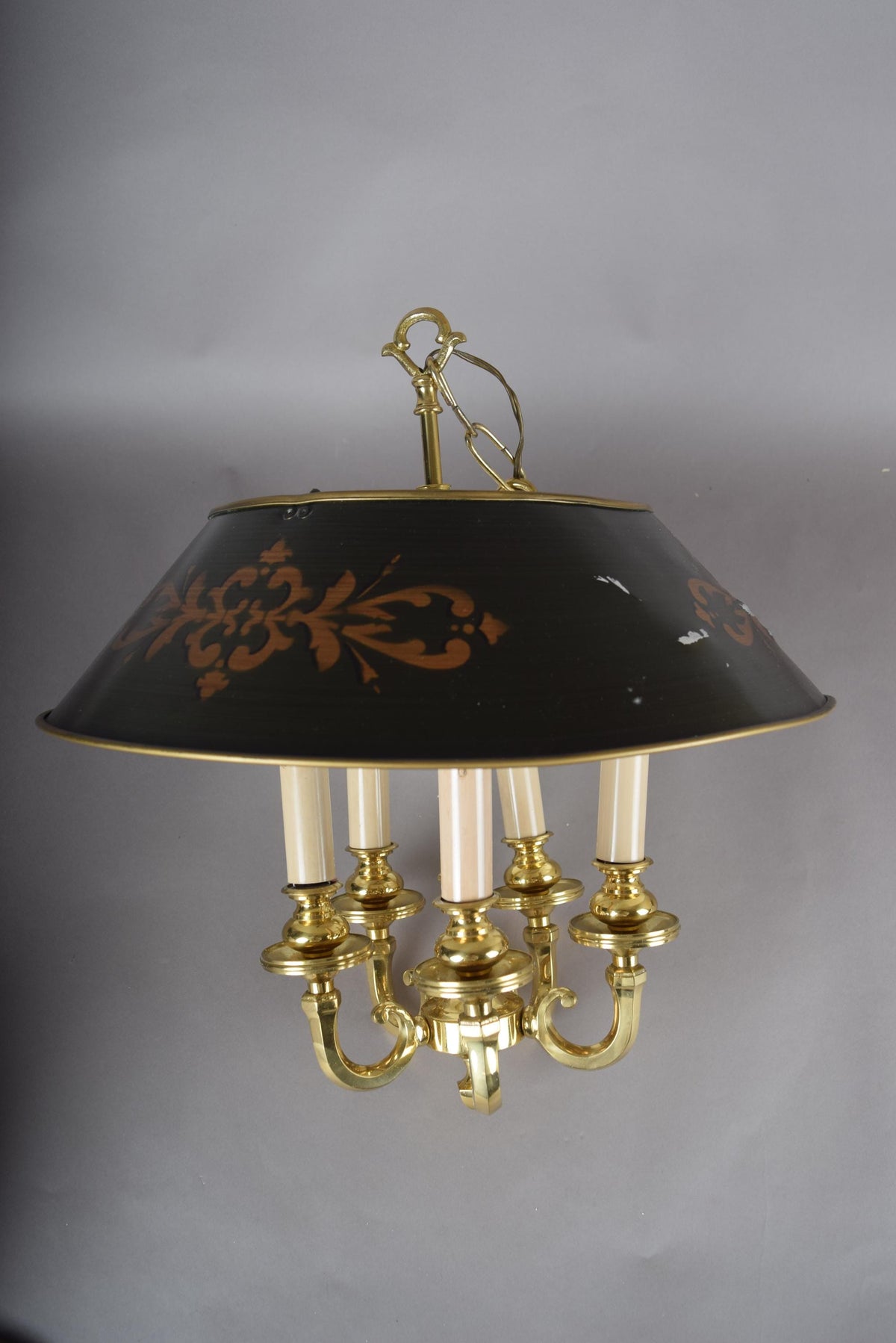 Vintage Brass Five-Light Pendant Chandelier, Bouillotte Style and Painted Tole Shade