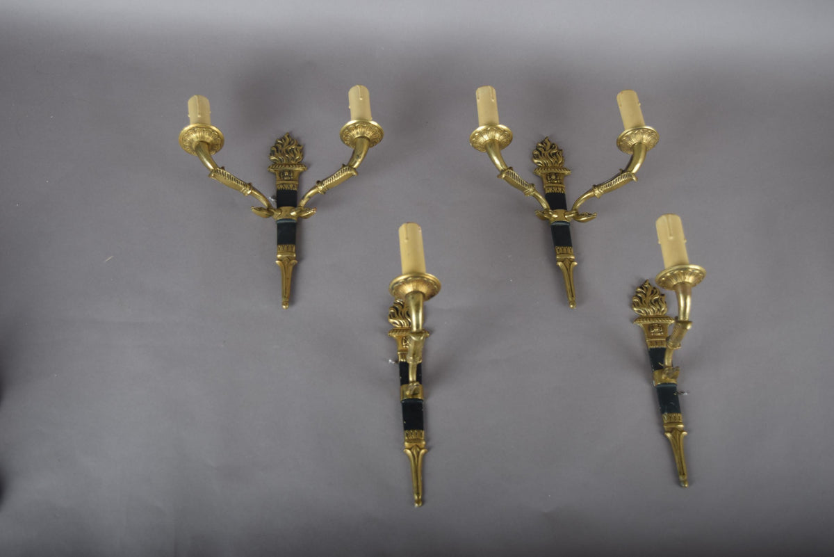 Ornate Gilt Bronze Torch-Form Wall Sconces, Empire Style, Set of Four (Mixed Arm Configuration)