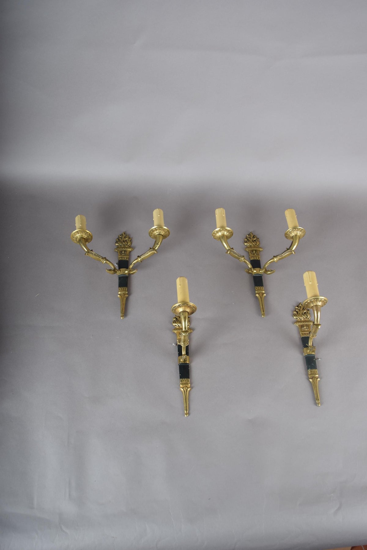 Ornate Gilt Bronze Torch-Form Wall Sconces, Empire Style, Set of Four (Mixed Arm Configuration)