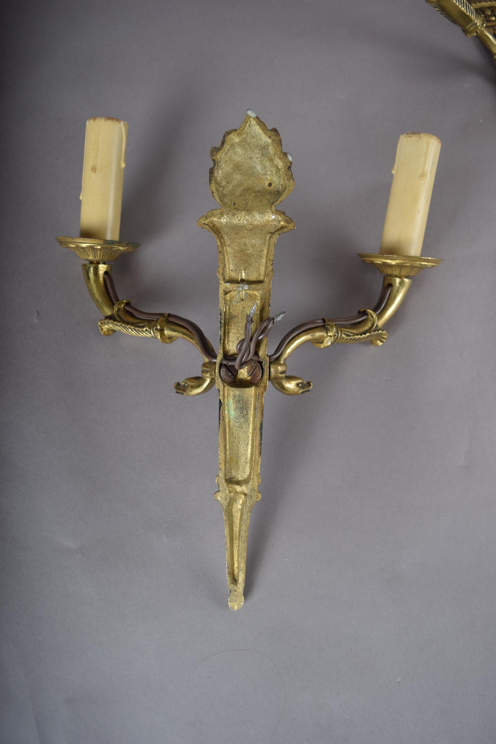 Ornate Gilt Bronze Torch-Form Wall Sconces, Empire Style, Set of Four (Mixed Arm Configuration)