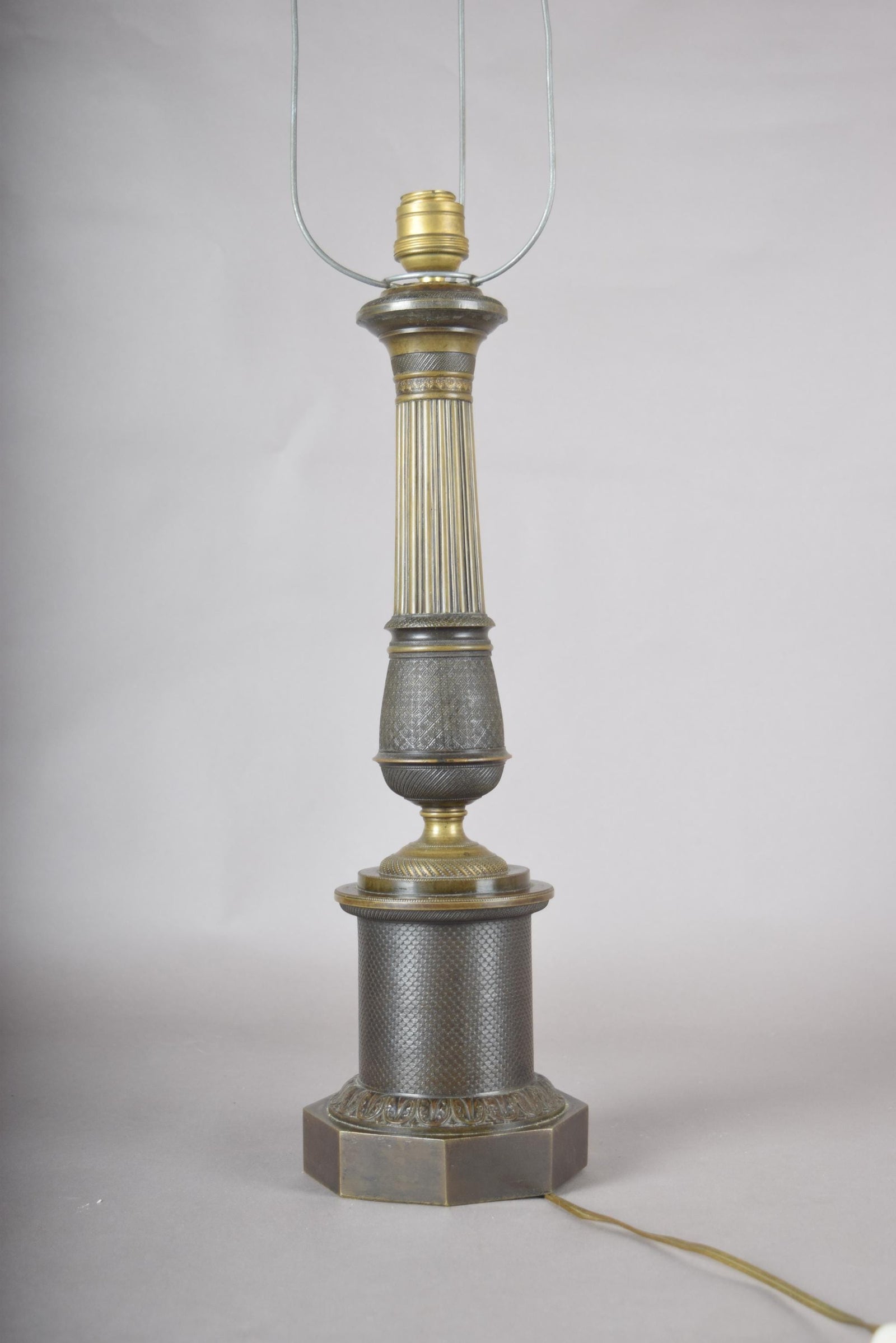 Antique Bronze Column Table Lamp, Hexagonal Base — Neoclassical, 19th Century