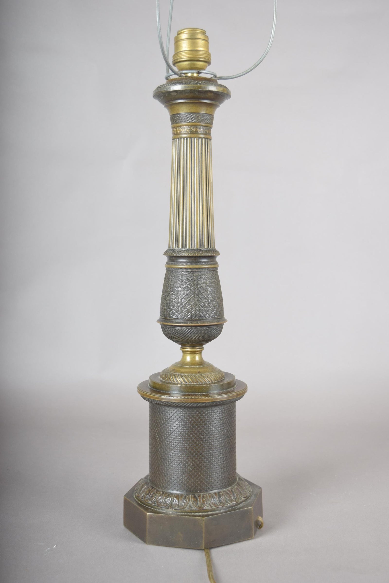 Antique Bronze Column Table Lamp, Hexagonal Base — Neoclassical, 19th Century