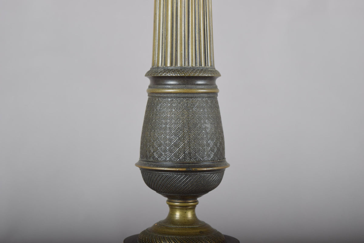 Antique Bronze Column Table Lamp, Hexagonal Base — Neoclassical, 19th Century