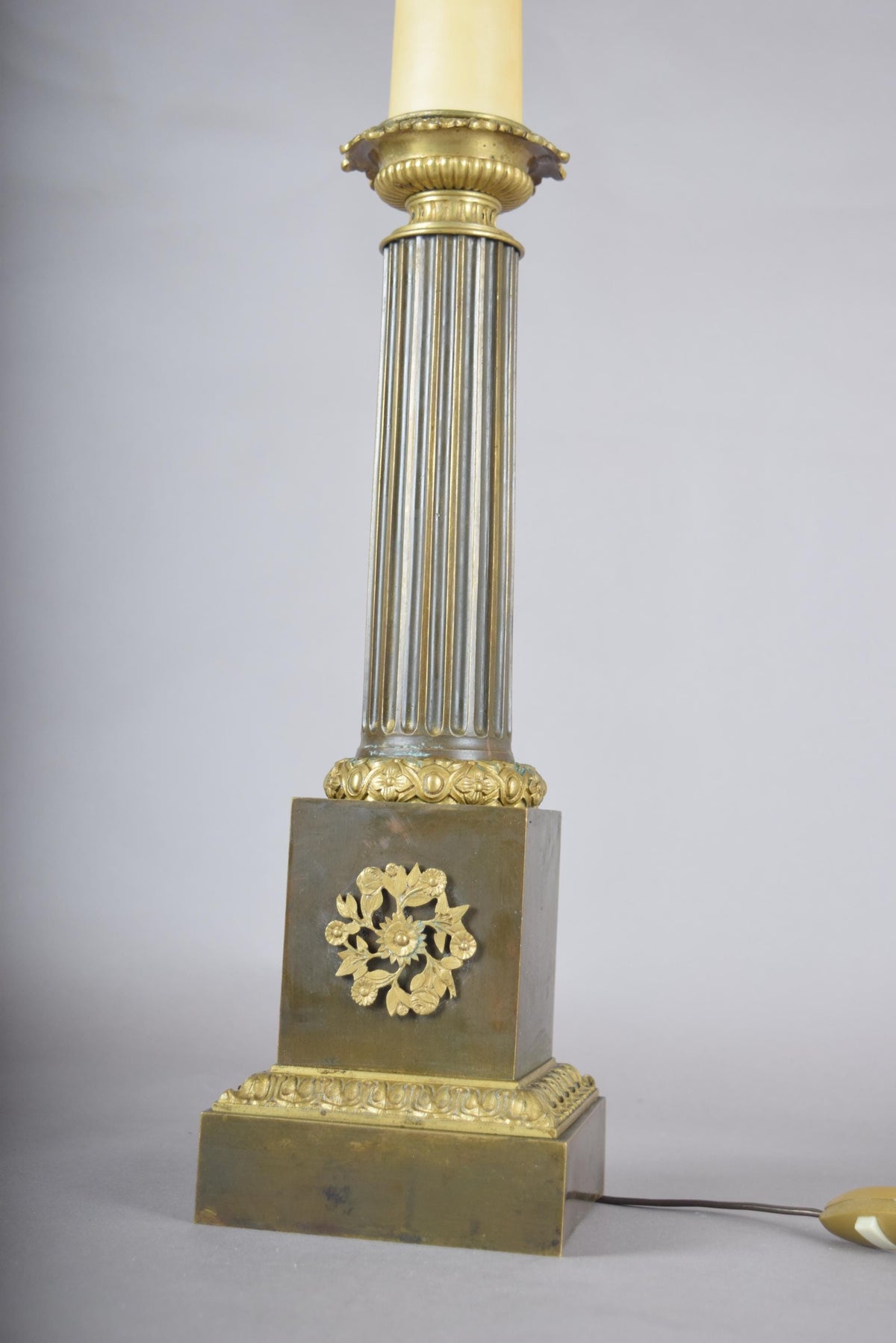 Antique Bronze Column Table Lamp, Gilt Floral Accents, Neoclassical Style, 19th Century