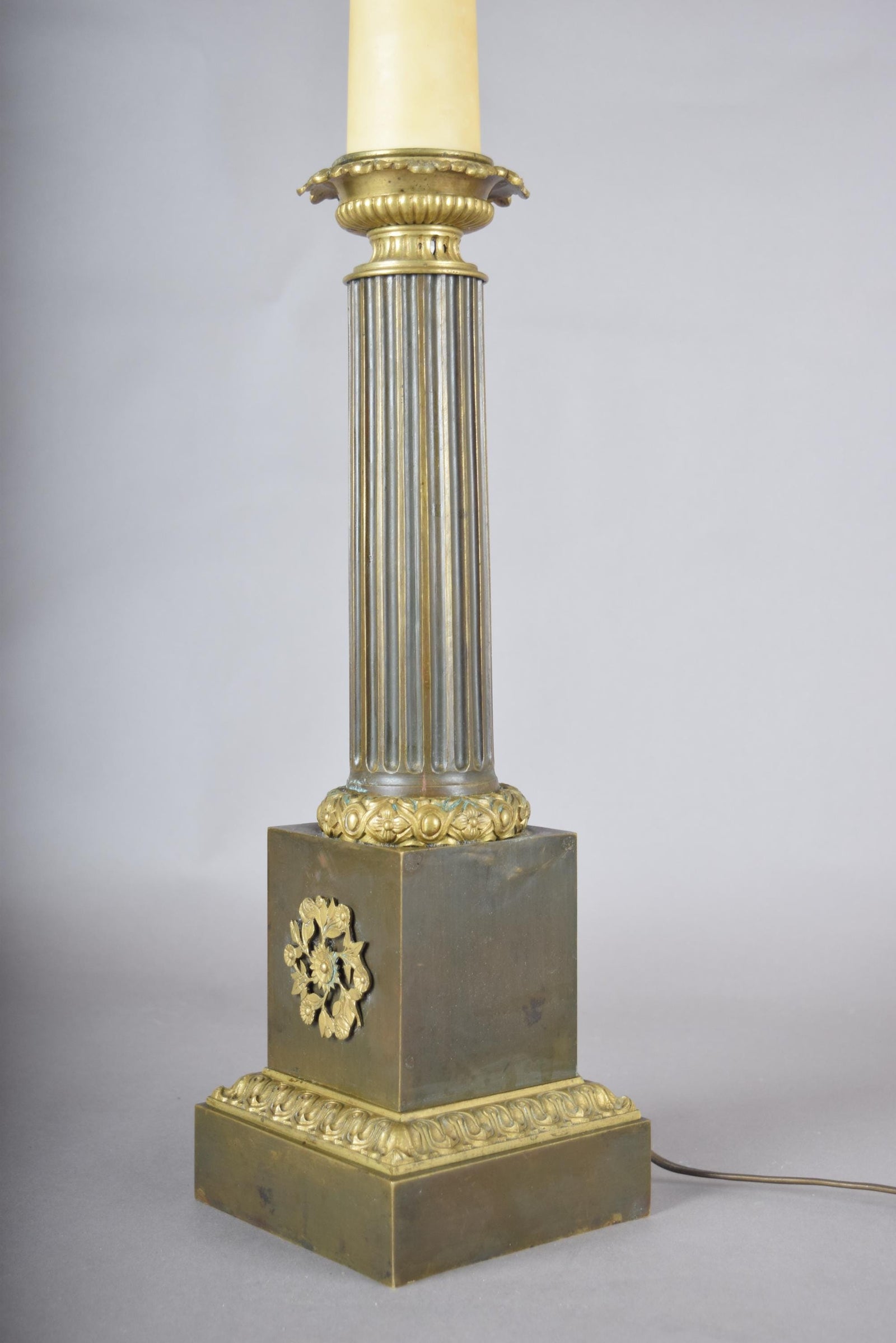 Antique Bronze Column Table Lamp, Gilt Floral Accents, Neoclassical Style, 19th Century