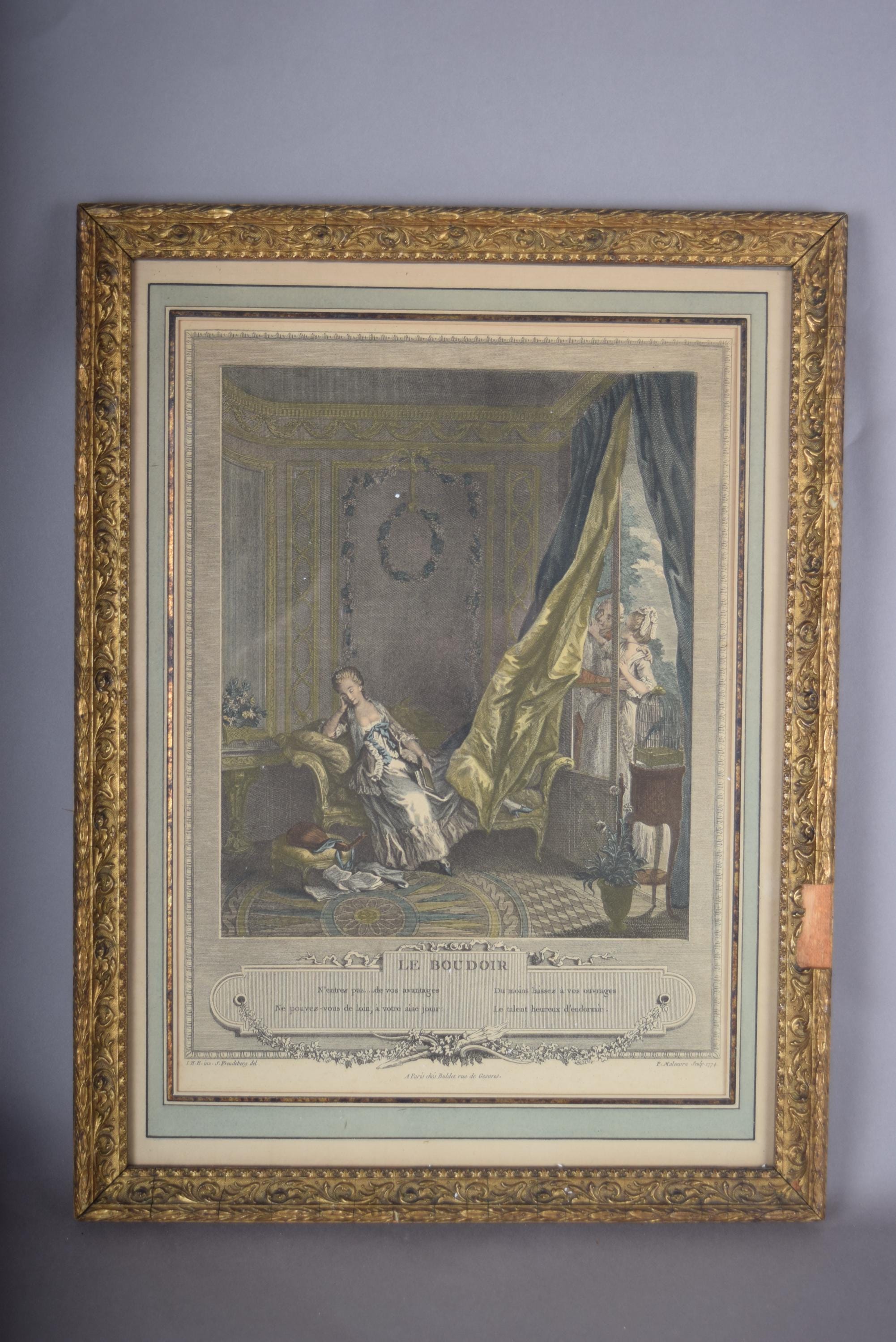 Antique Hand-Colored Engraving "Le Boudoir," P. Malœuvre after Freudenberg, 1774, Carved Giltwood Frame