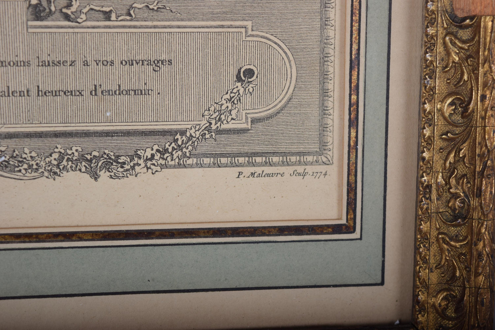 Antique Hand-Colored Engraving "Le Boudoir," P. Malœuvre after Freudenberg, 1774, Carved Giltwood Frame