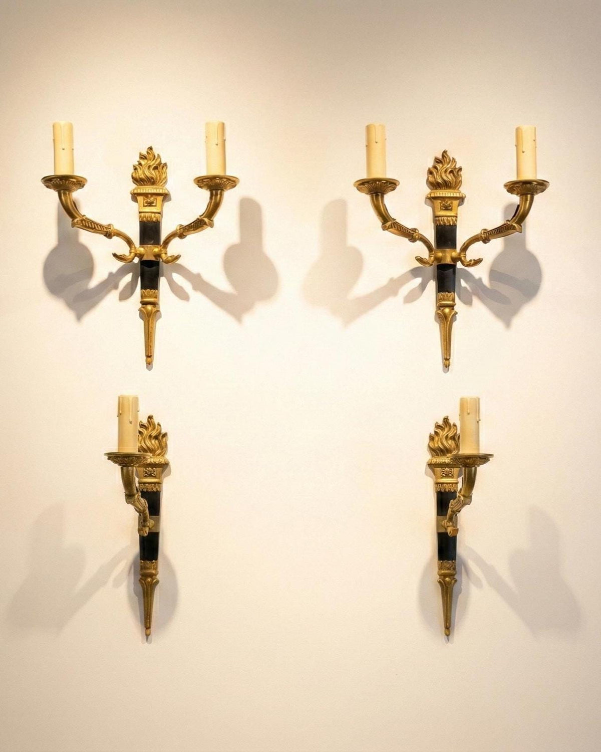 Ornate Gilt Bronze Torch-Form Wall Sconces, Empire Style, Set of Four (Mixed Arm Configuration)