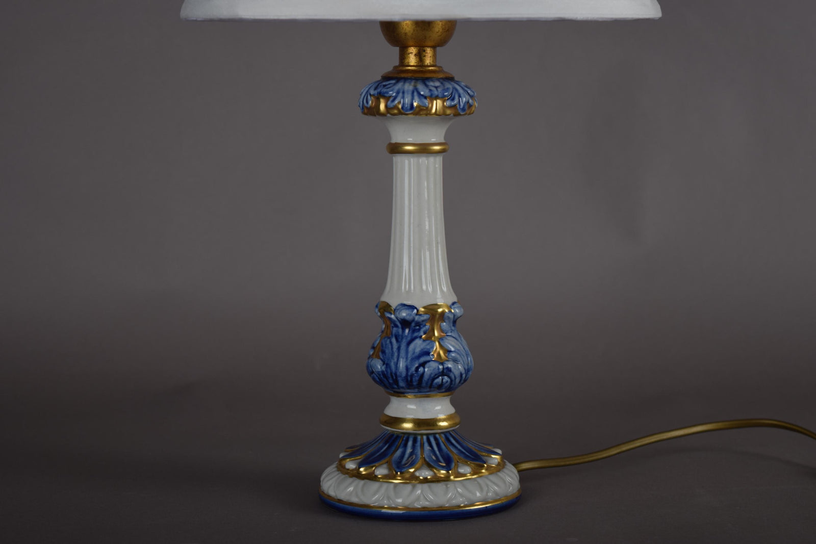 Vintage Blue and White Ceramic Table Lamp, Gilt Fluted Column — Pleated Shade Included