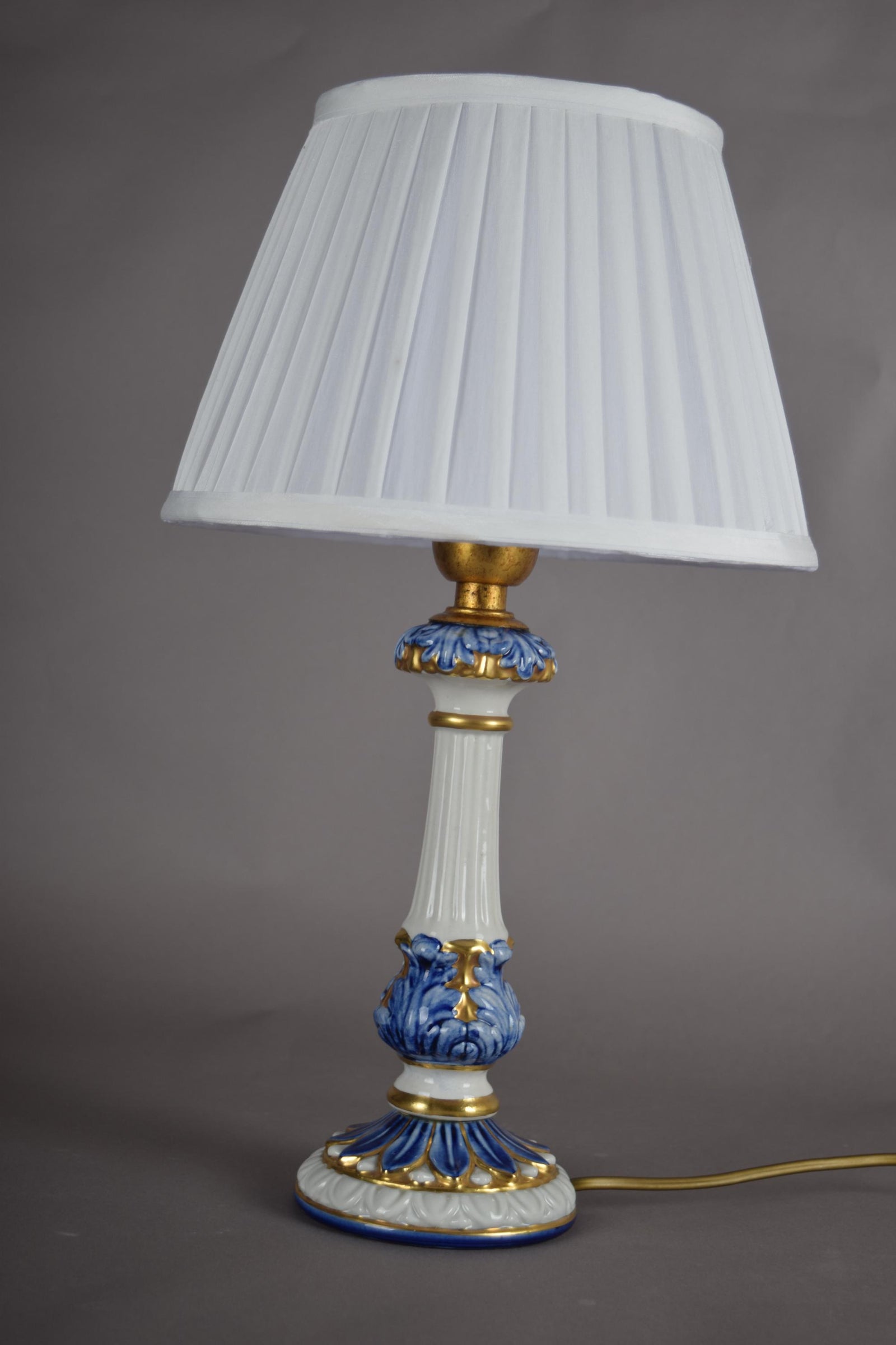Vintage Blue and White Ceramic Table Lamp, Gilt Fluted Column — Pleated Shade Included