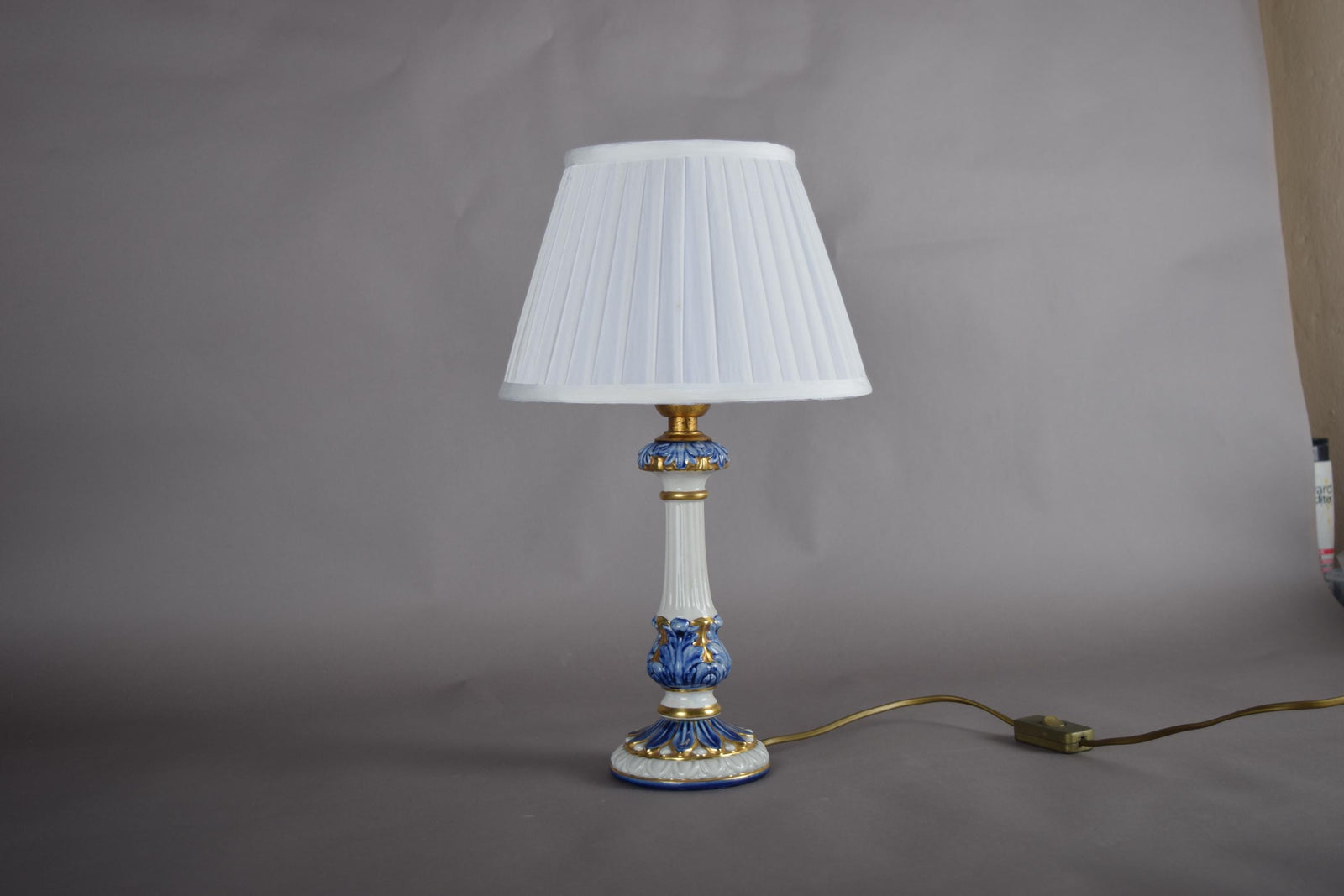 Vintage Blue and White Ceramic Table Lamp, Gilt Fluted Column — Pleated Shade Included