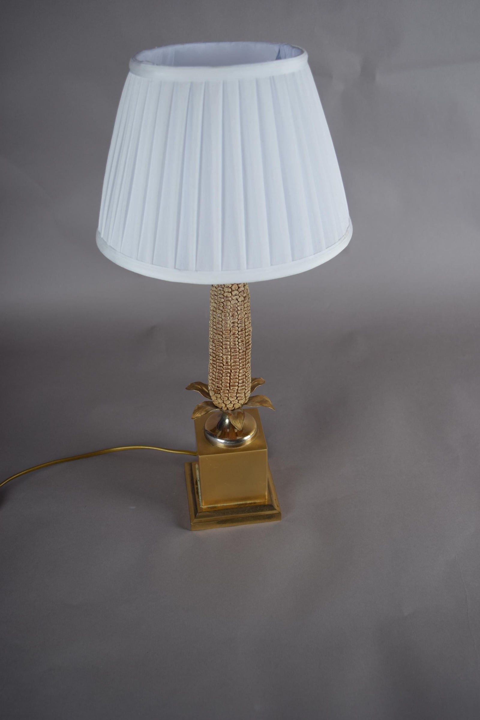 Mid-Century Brass Corn Table Lamp with Pleated Shade, 1970s