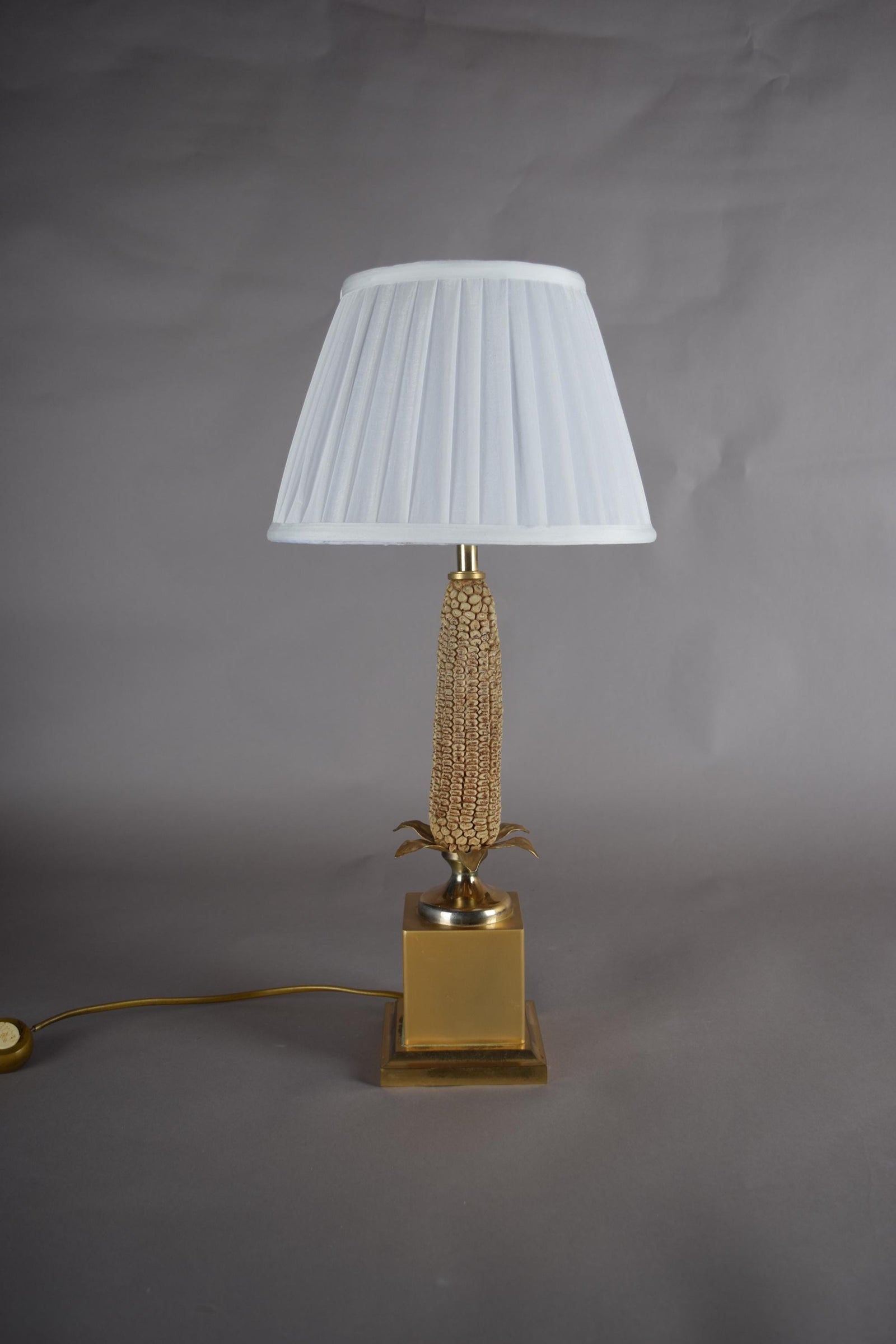 Mid-Century Brass Corn Table Lamp with Pleated Shade, 1970s