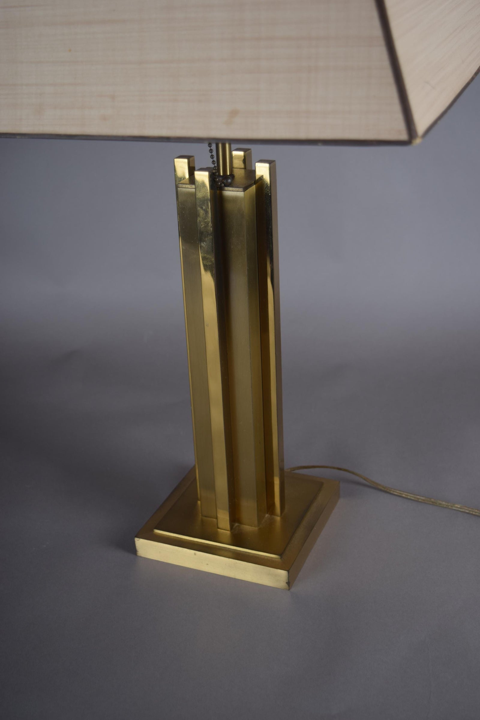Willy Rizzo Style Brass Table Lamp, 1970s Italy, Skyscraper Column Design, Dual Pull Chain Lamp