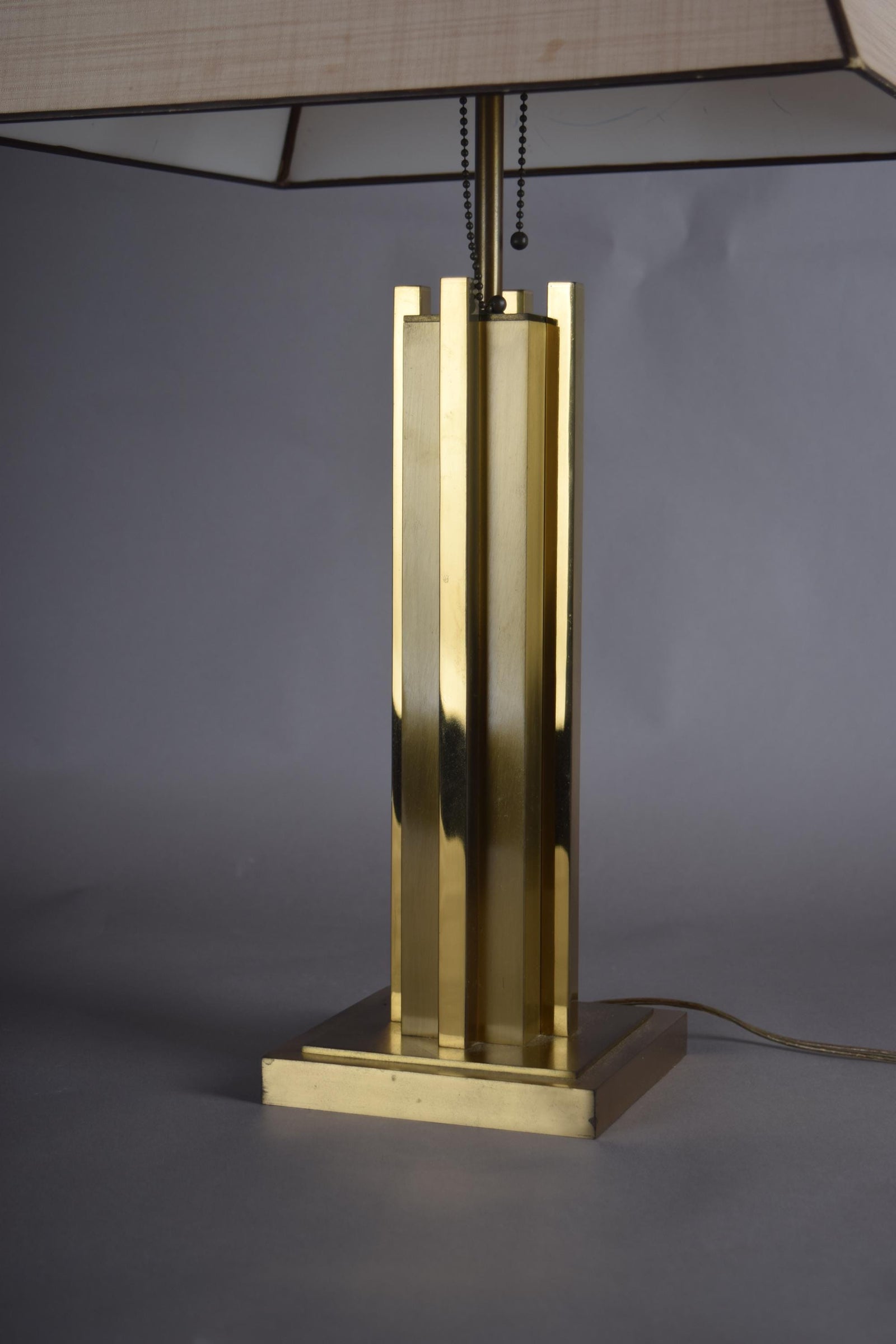 Willy Rizzo Style Brass Table Lamp, 1970s Italy, Skyscraper Column Design, Dual Pull Chain Lamp